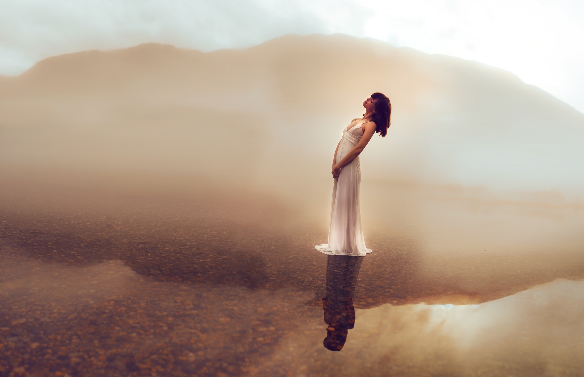 Woman in white dress in misty landscape with reflection HD Wallpaper