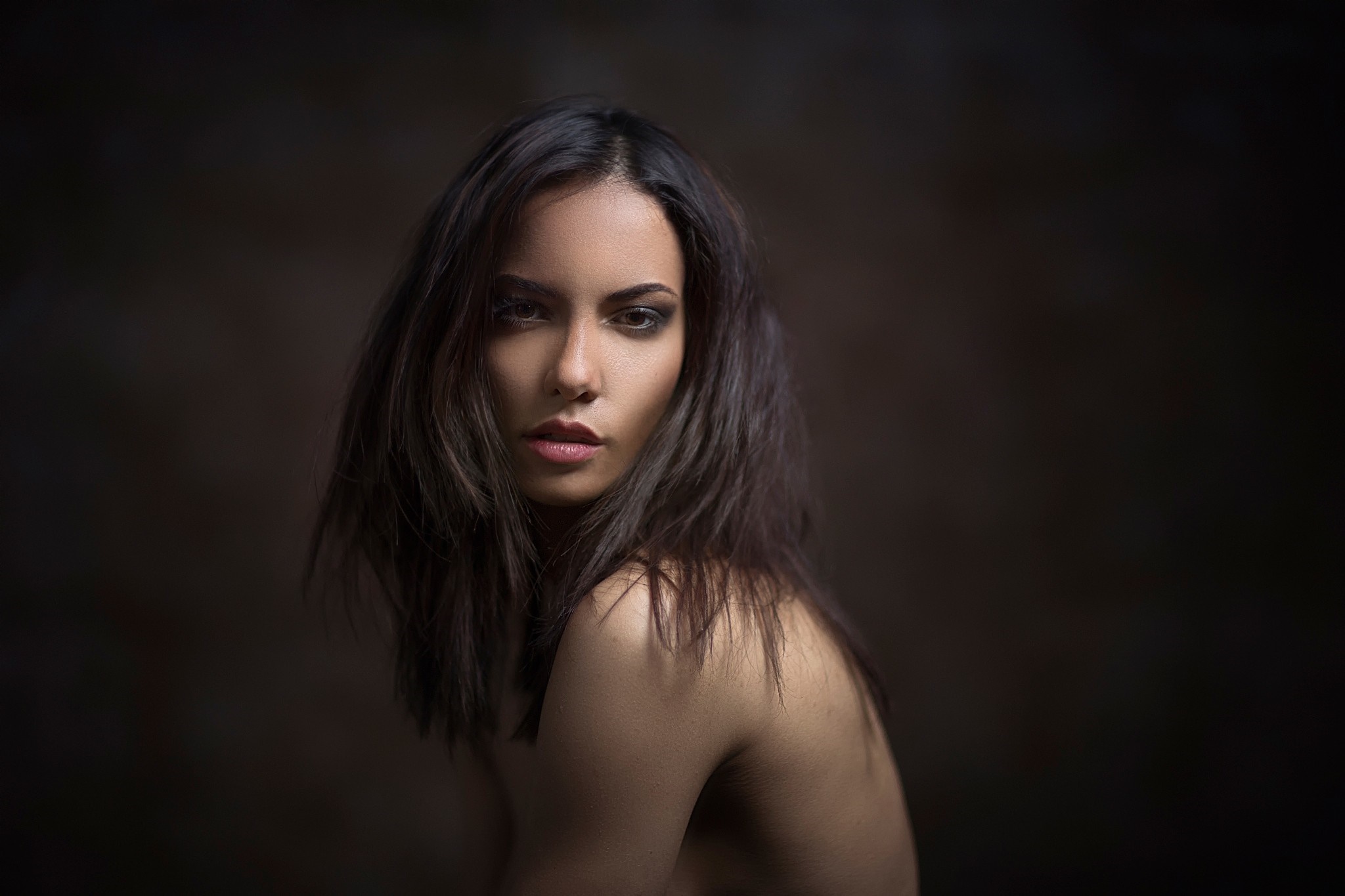 Woman with long dark hair posing for a portrait HD Wallpaper