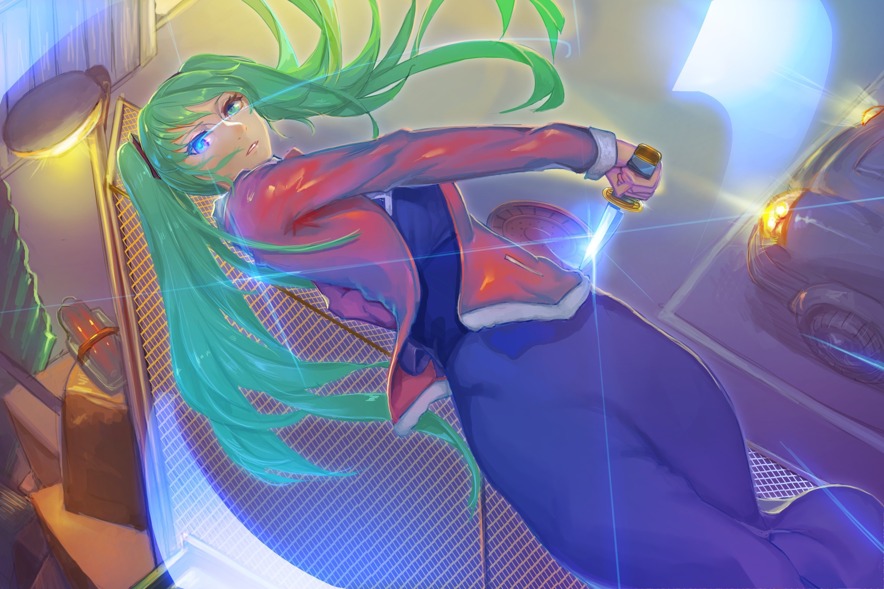 Hatsune Miku from Vocaloid with a sword HD Wallpaper