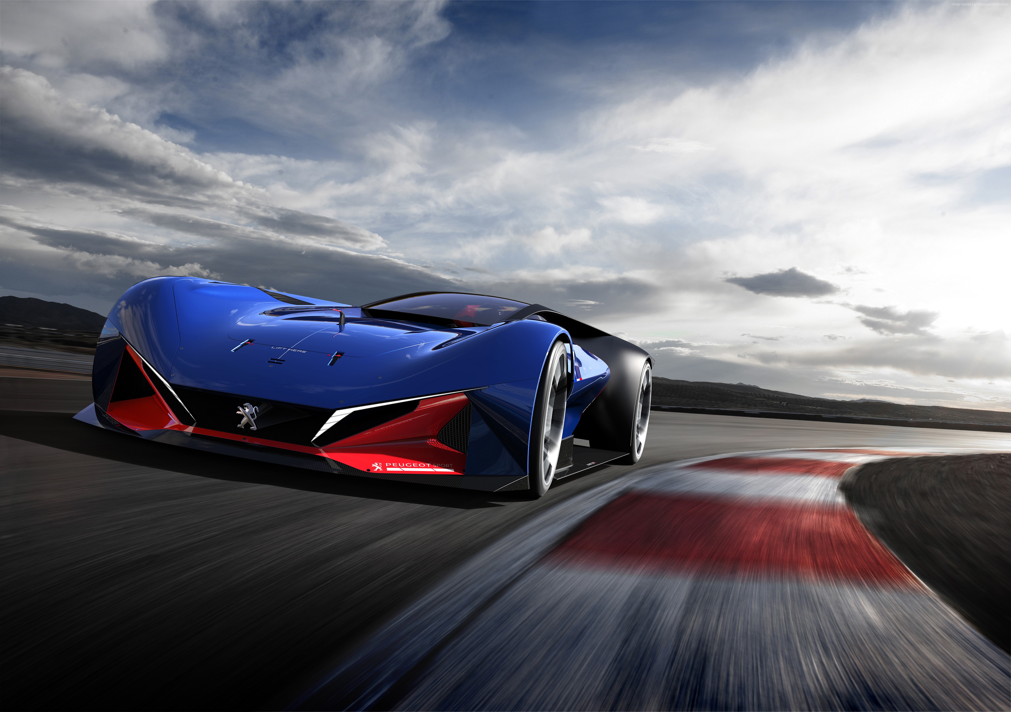 Blue Peugeot L500 R HYbrid supercar on a race track HD Wallpaper