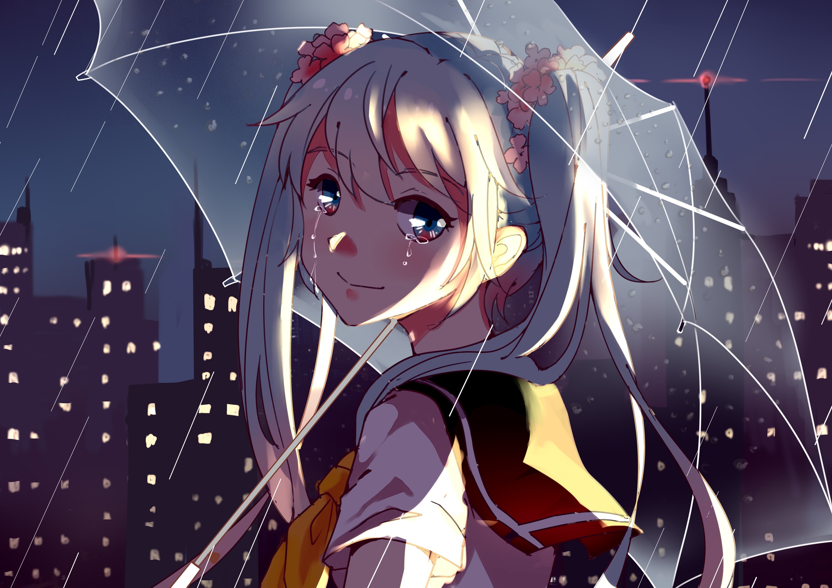 Anime girl with twintails crying under an umbrella in the rain HD Wallpaper