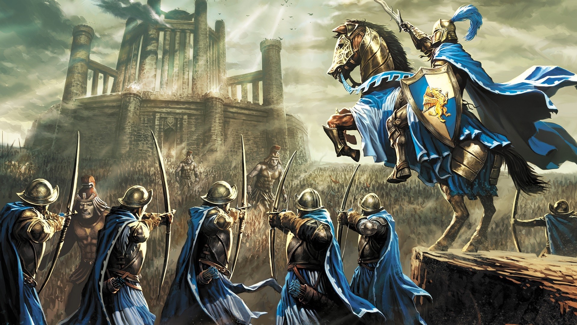 Knight on horseback leads archers before a ruined castle HD Wallpaper