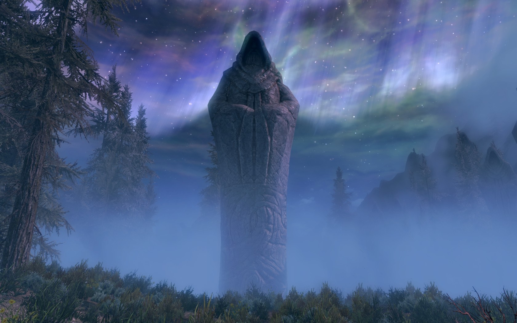 Statue under Aurora in The Elder Scrolls V Skyrim HD Wallpaper