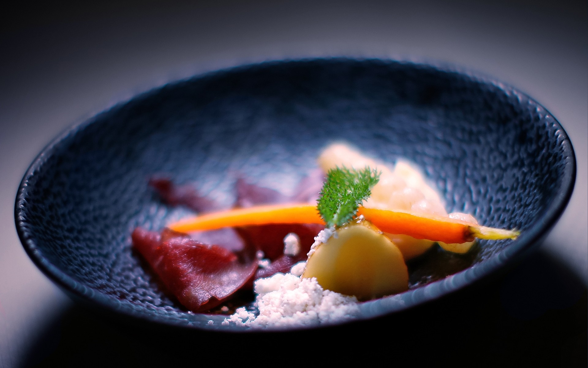 Gourmet dish with beets, carrots, and potato in a dark bowl HD Wallpaper