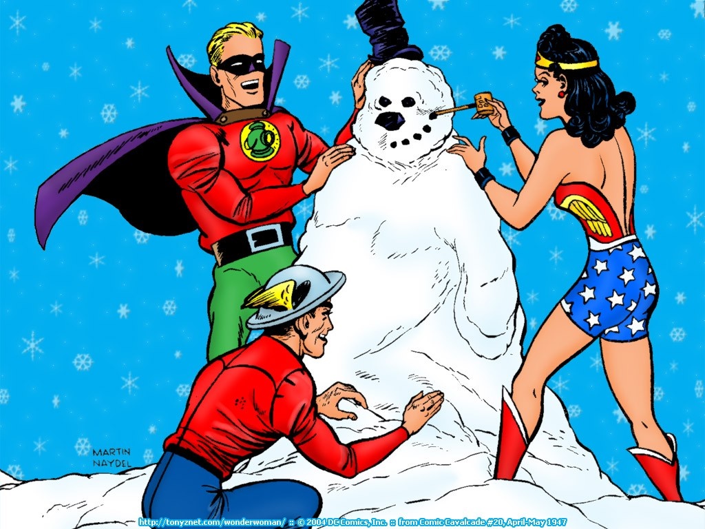 Green Lantern, Wonder Woman, and The Flash building a snowman HD Wallpaper