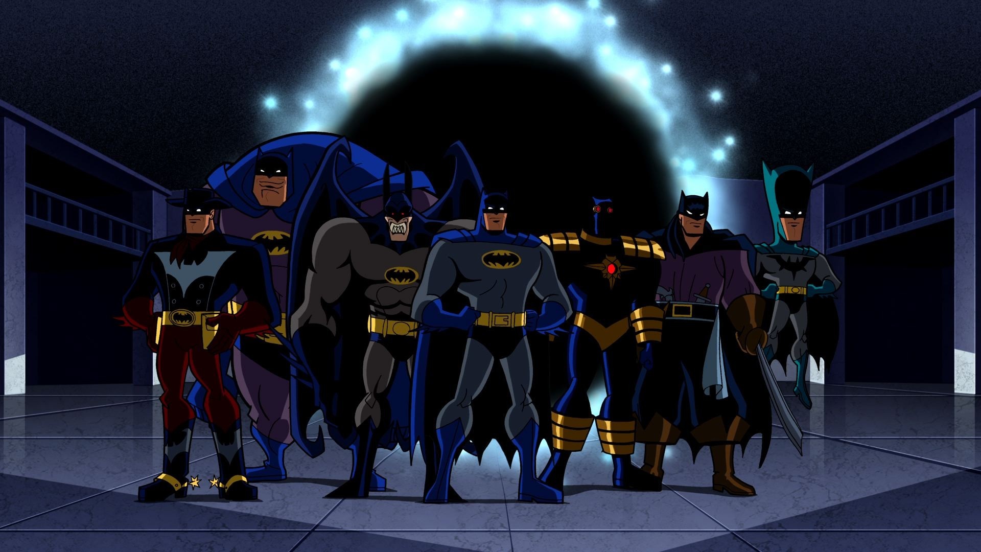 Multiple Batmen standing in a dark room with a portal HD Wallpaper