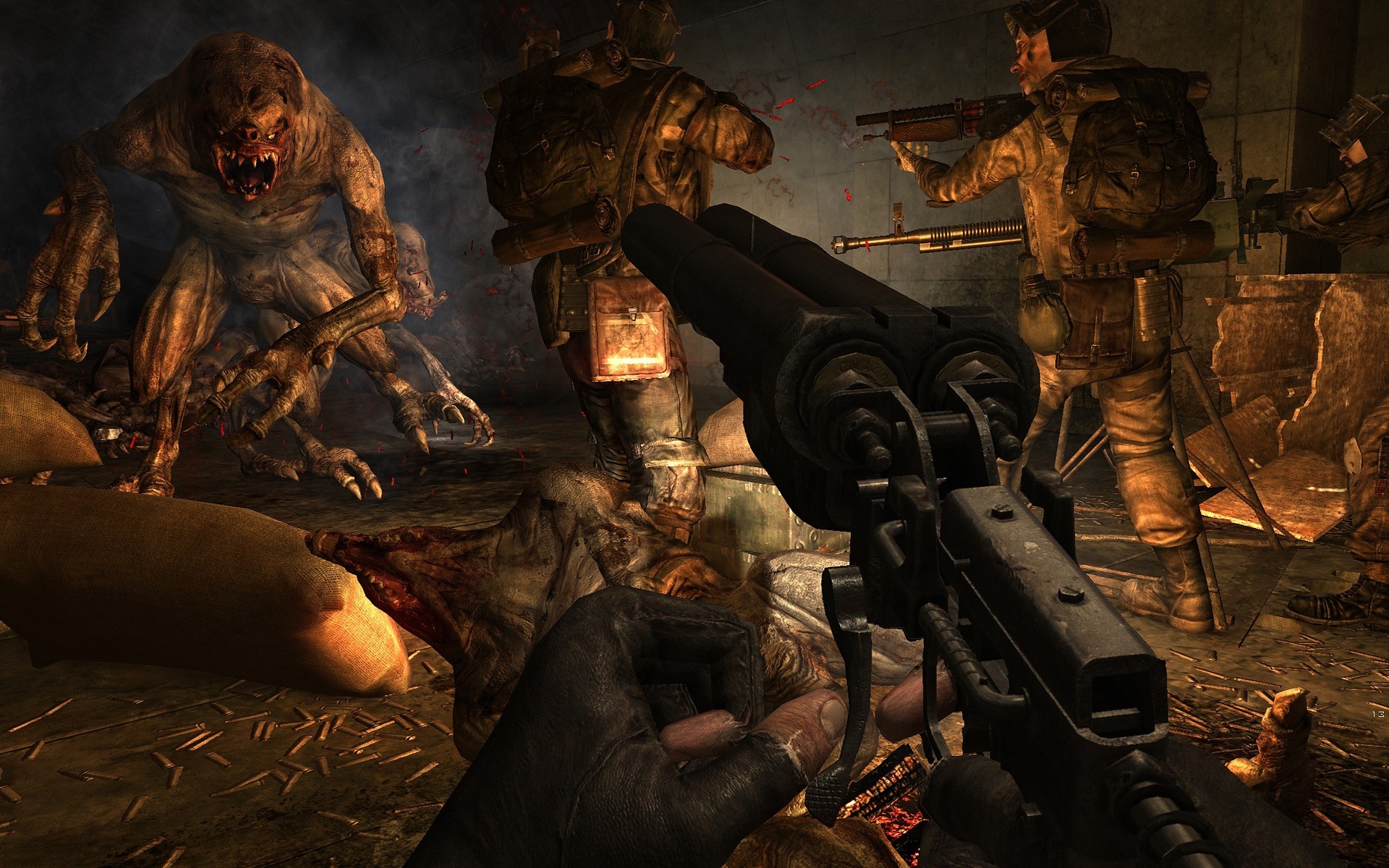 Metro 2033 screenshot of soldiers fighting mutants HD Wallpaper