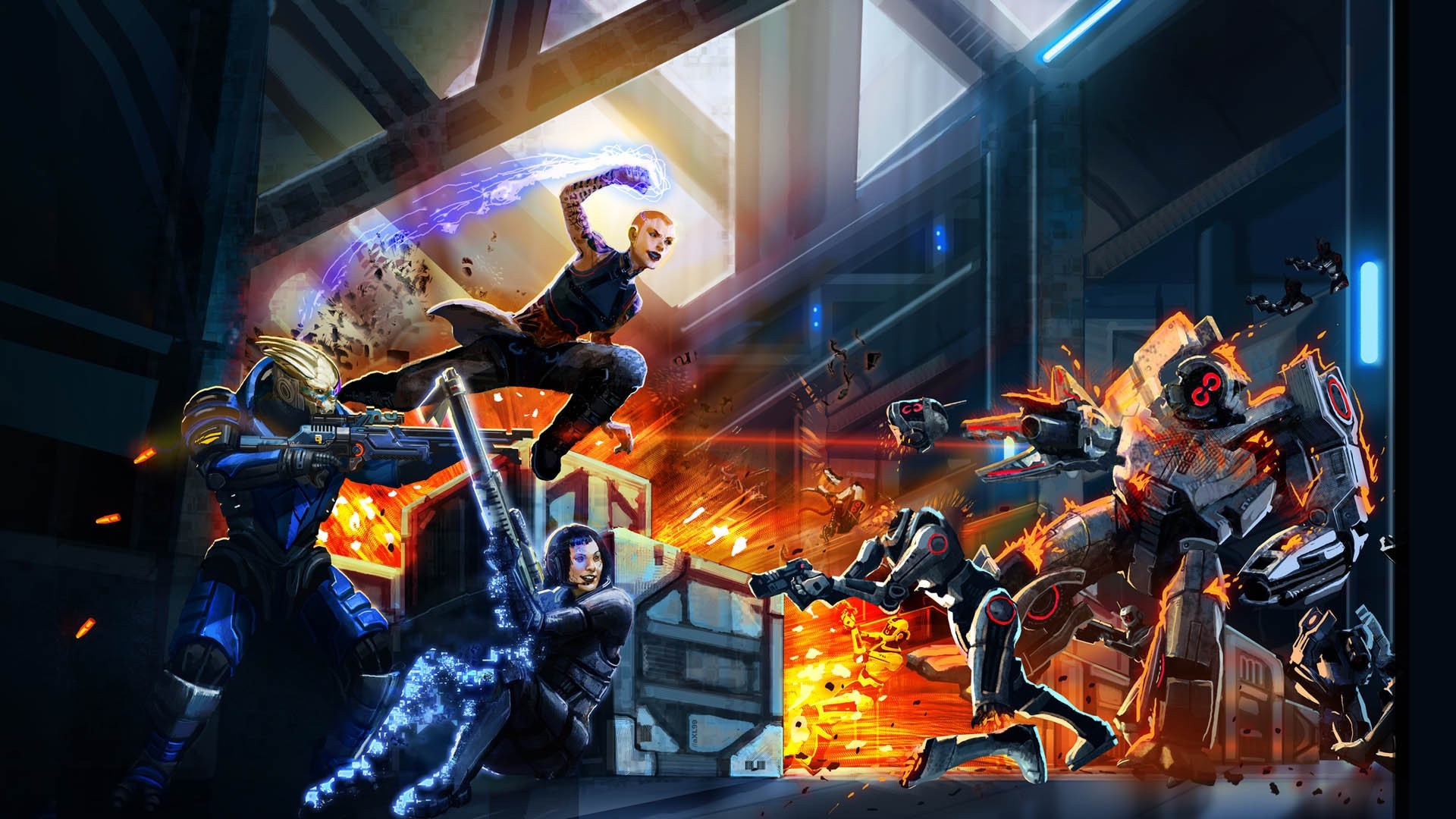 Mass Effect 2 artwork featuring a battle scene HD Wallpaper