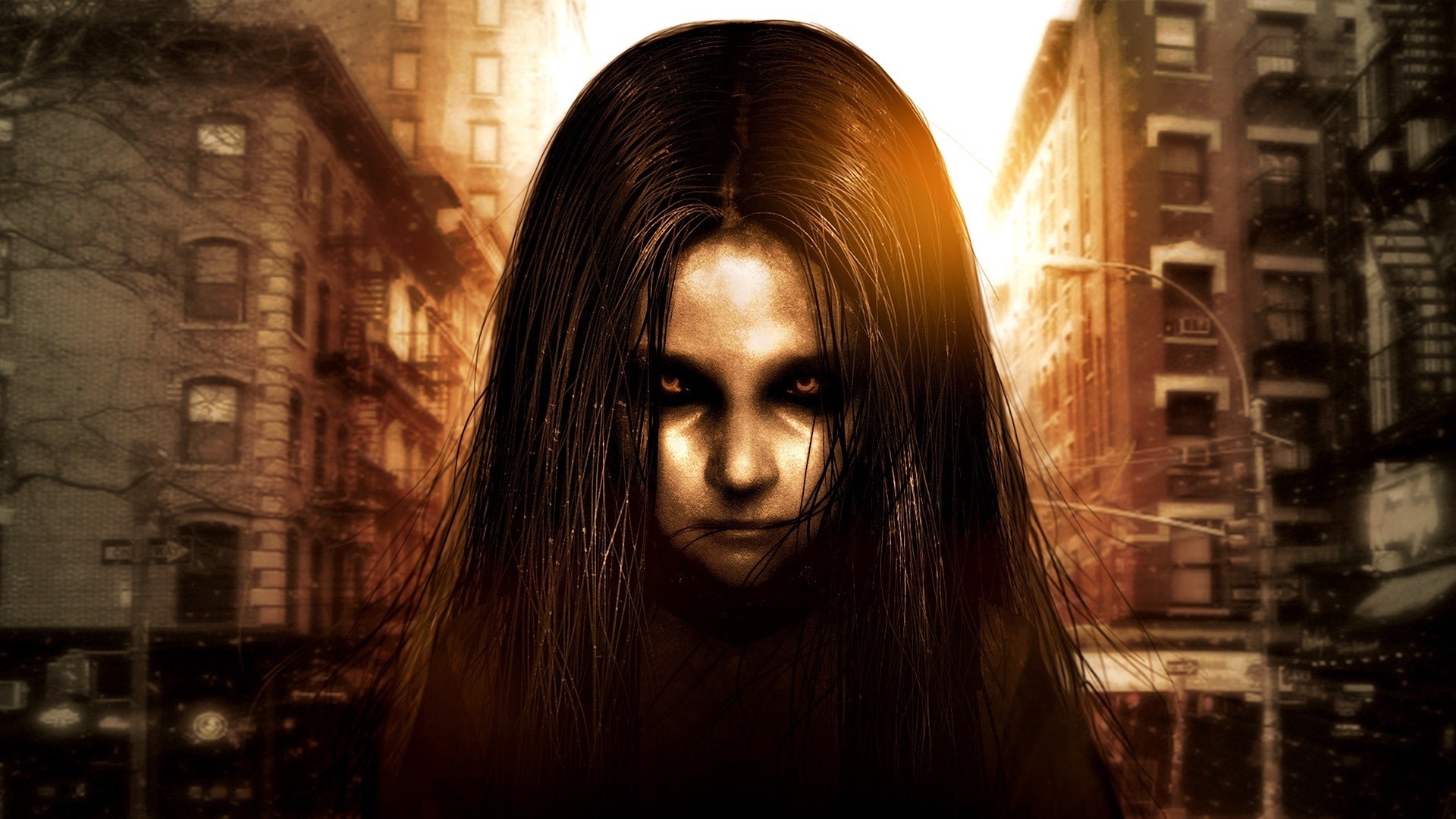 Girl with glowing eyes in a city street HD Wallpaper