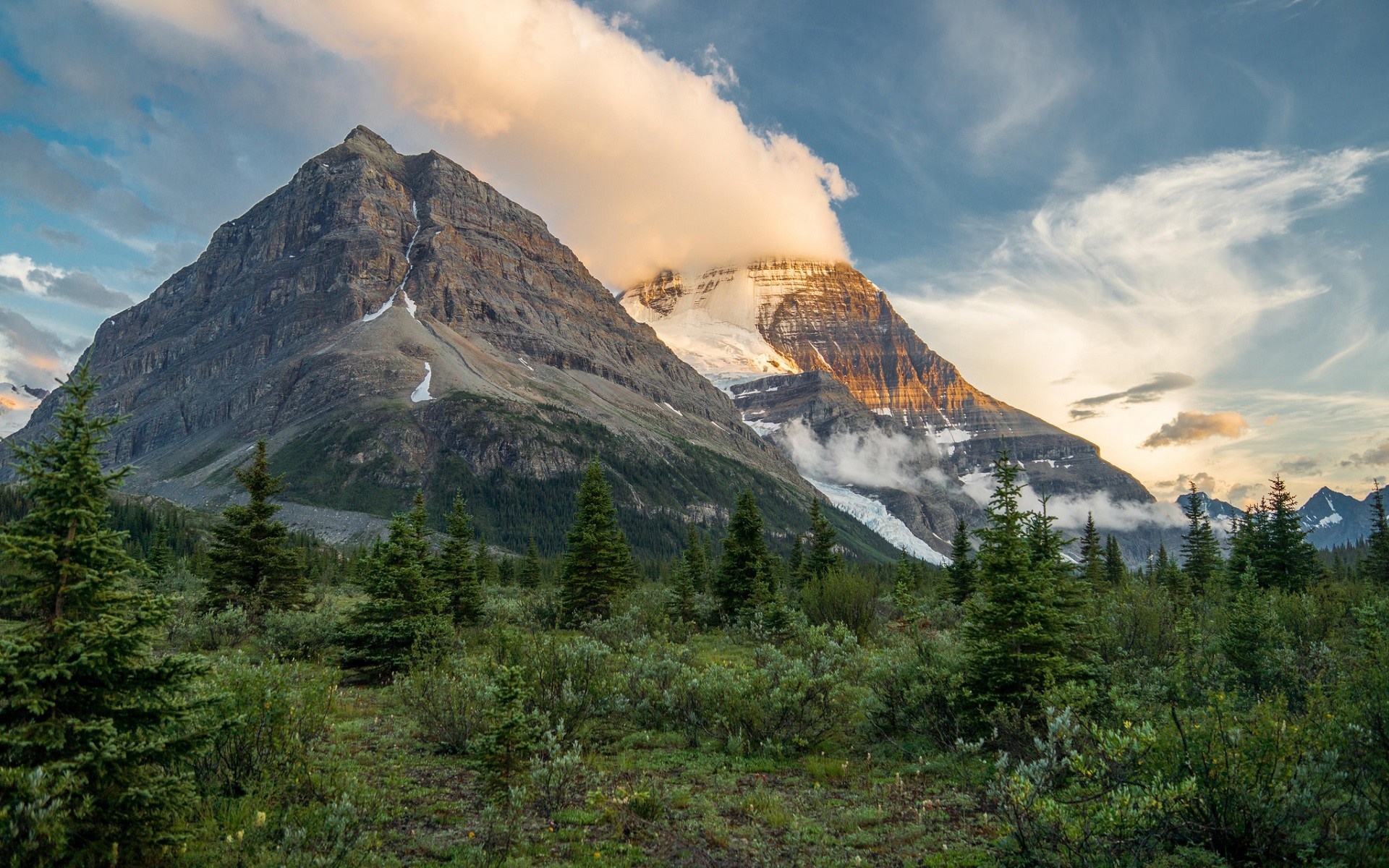 Mountain range with trees and clouds at sunset HD Wallpaper