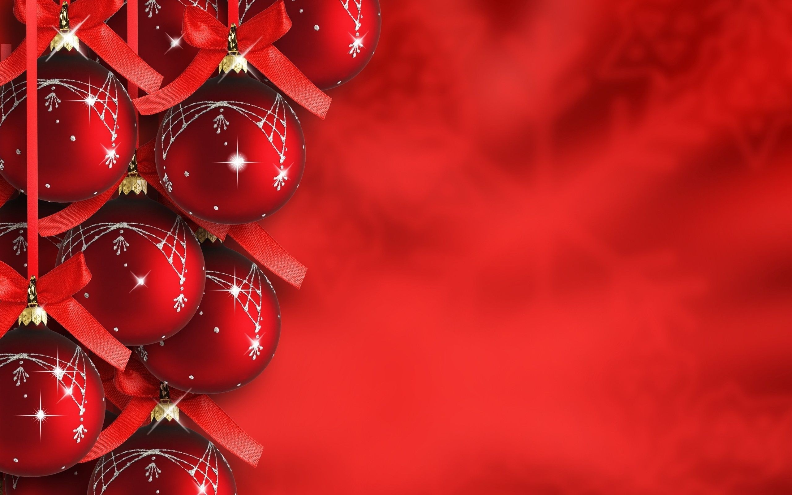 Red Christmas Ornaments with Ribbons HD Wallpaper