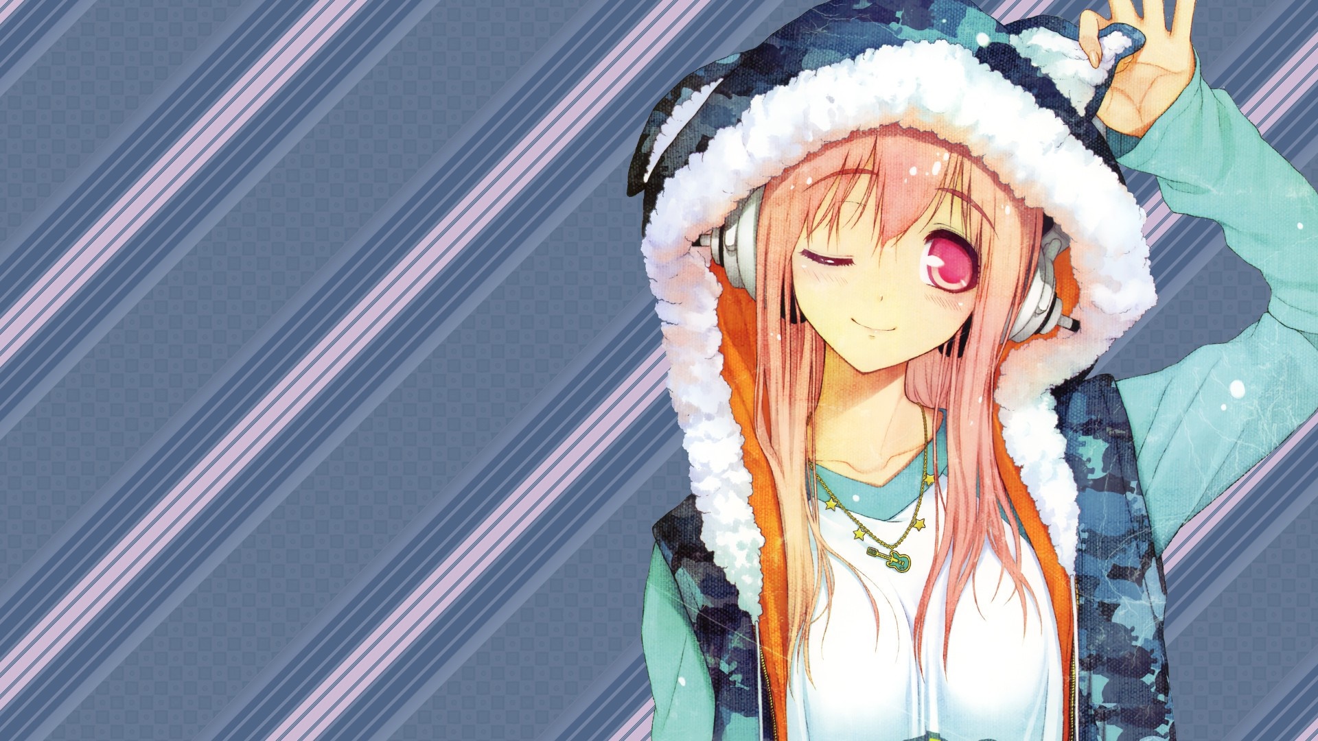 Super Sonico wearing a hooded jacket and headphones HD Wallpaper