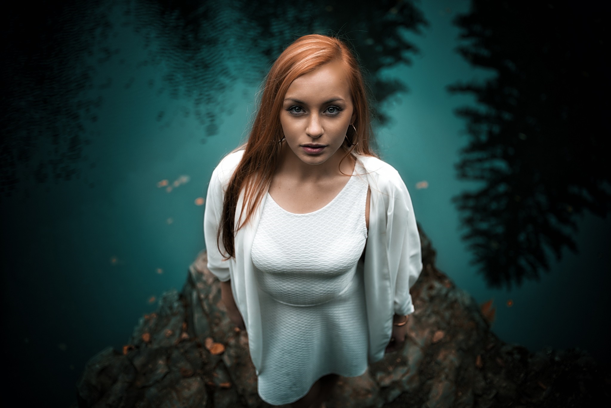 Redhead woman in white dress by the water HD Wallpaper