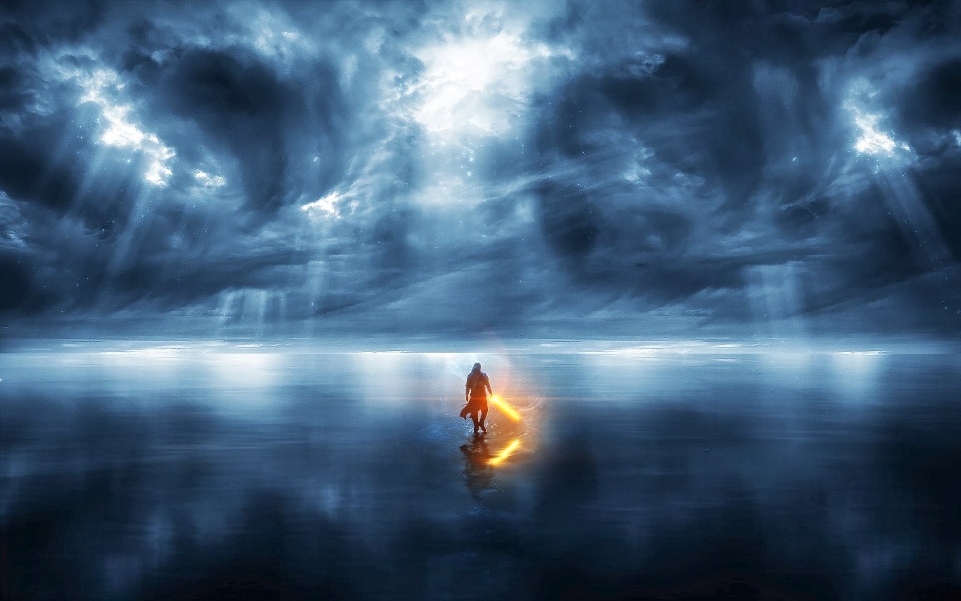 Fantasy warrior with glowing sword on reflective surface HD Wallpaper