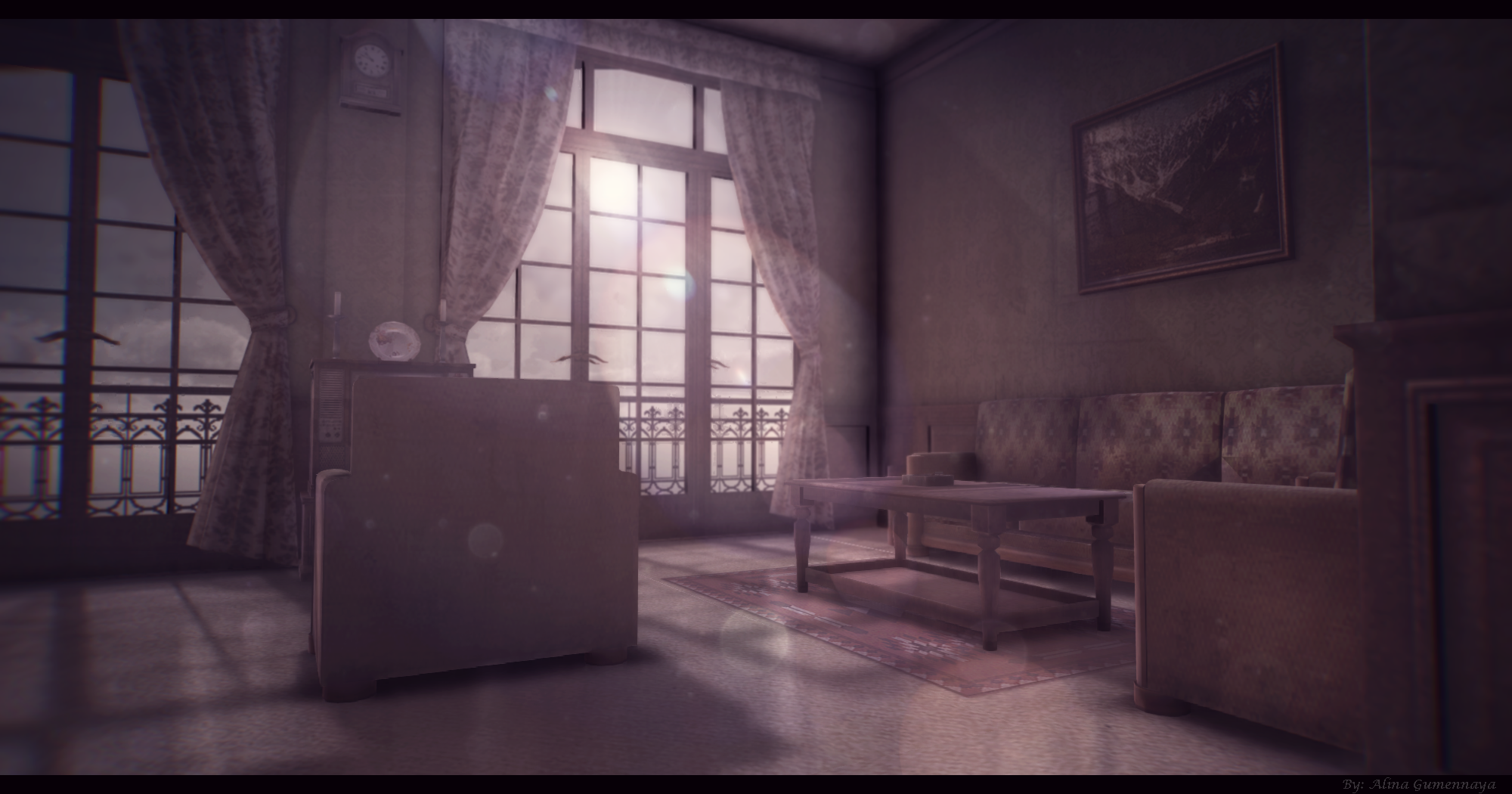 Interior of a dimly lit room with large windows HD Wallpaper