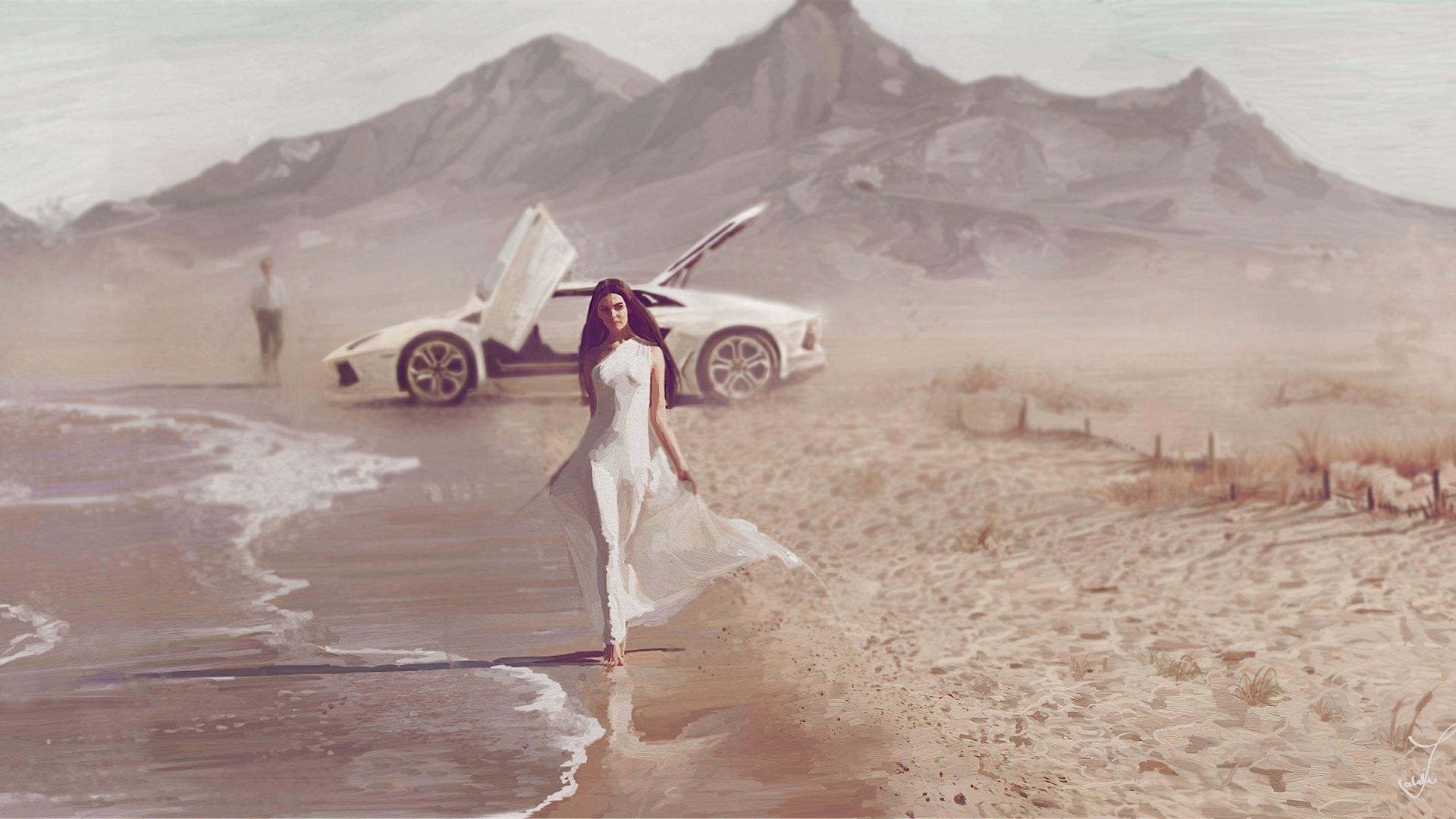 Woman in white dress with Lamborghini Aventador on beach HD Wallpaper