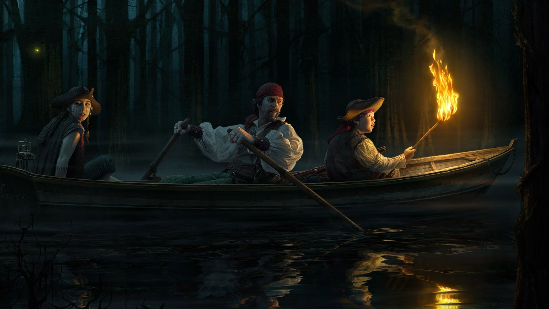 Pirates in a boat at night HD Wallpaper