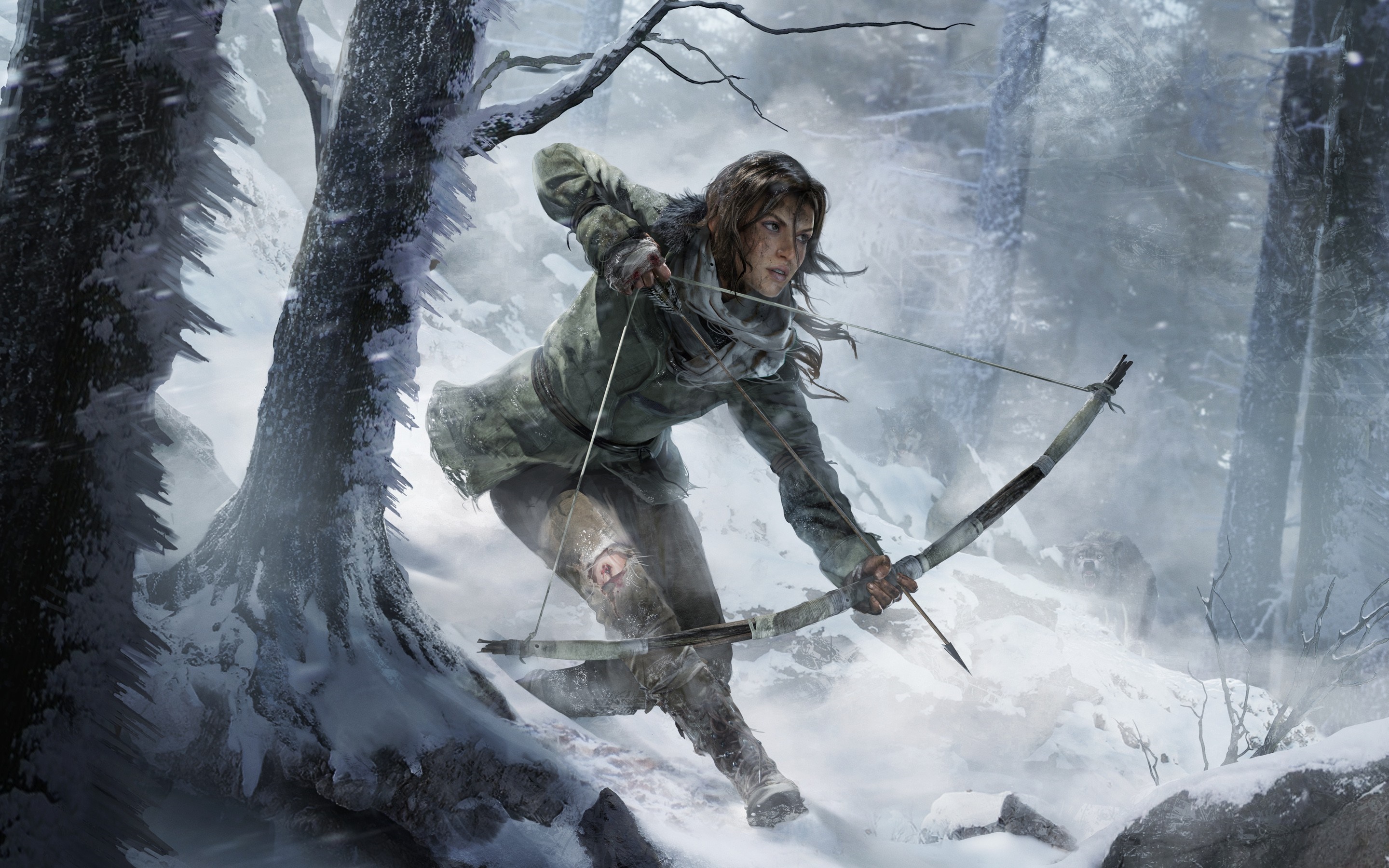 Lara Croft in a snowy forest with a bow HD Wallpaper