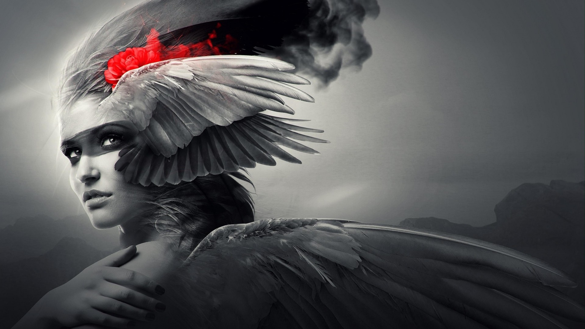 Woman with wings and red flower HD Wallpaper