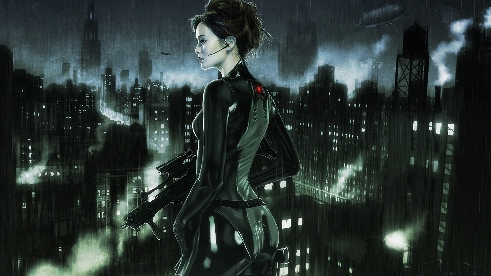 Woman with rifle in rainy city at night HD Wallpaper