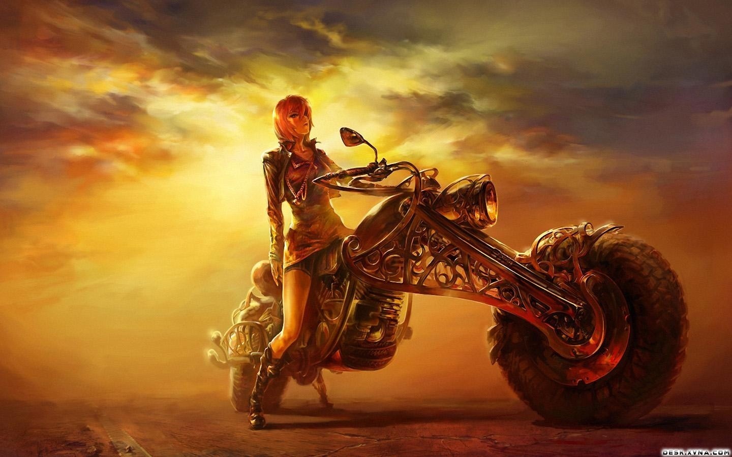 Fantasy art of a woman with a motorcycle HD Wallpaper