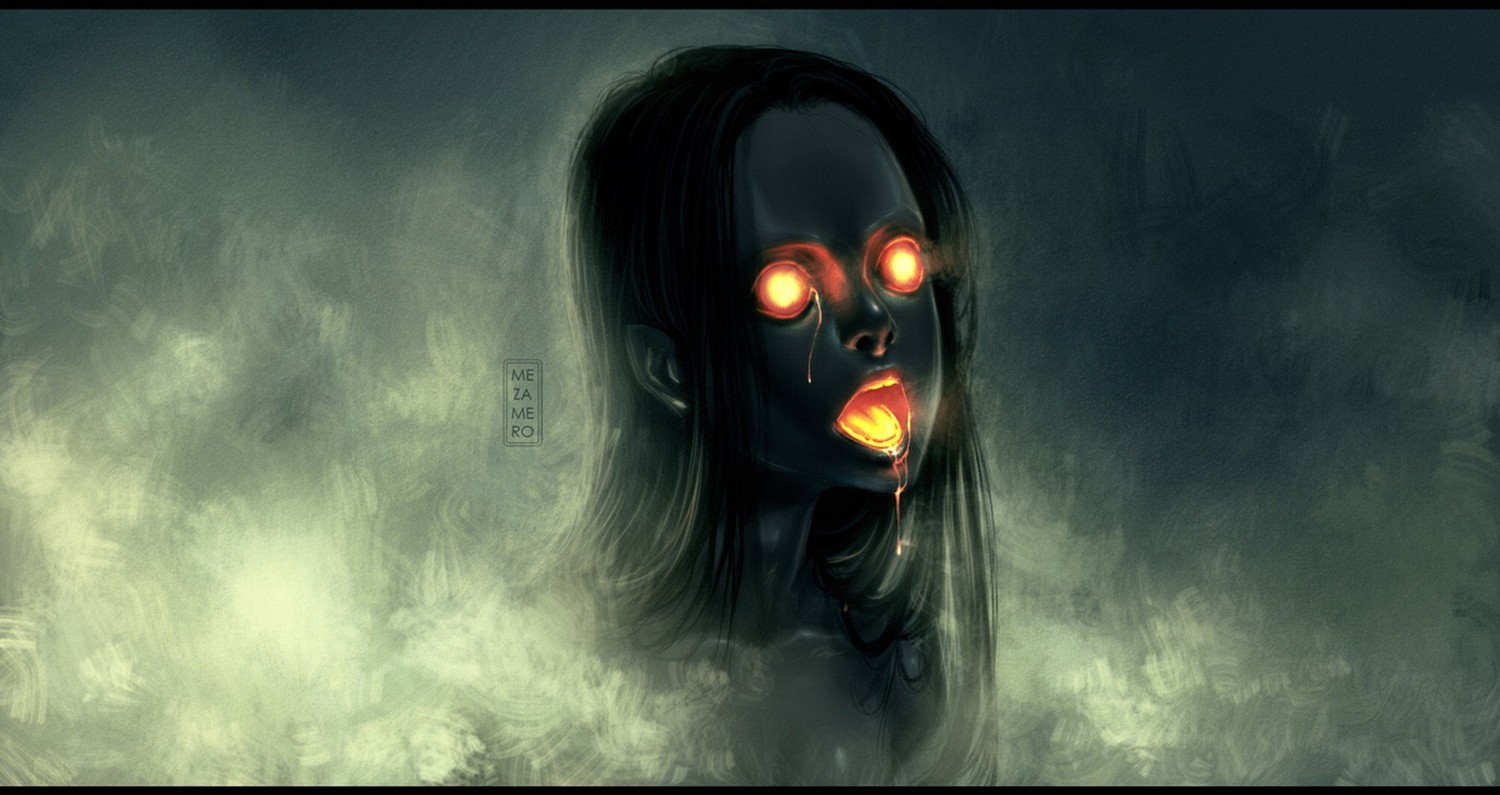 Dark fantasy art of a screaming figure with glowing eyes HD Wallpaper