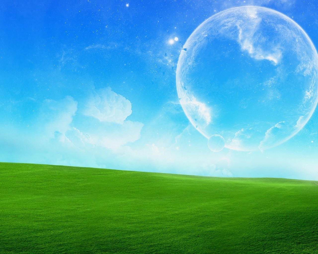 Green field under a blue sky with a large planet HD Wallpaper