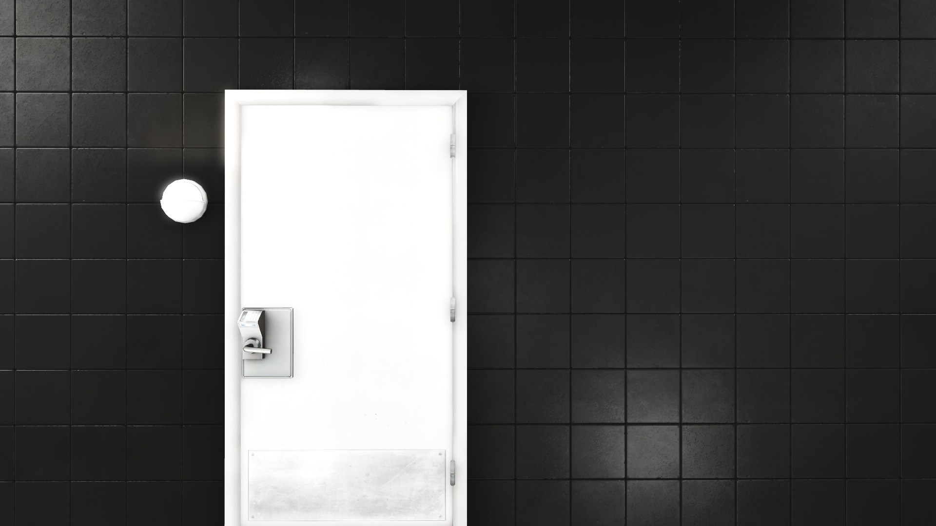 White door with silver handle on black tiled wall HD Wallpaper