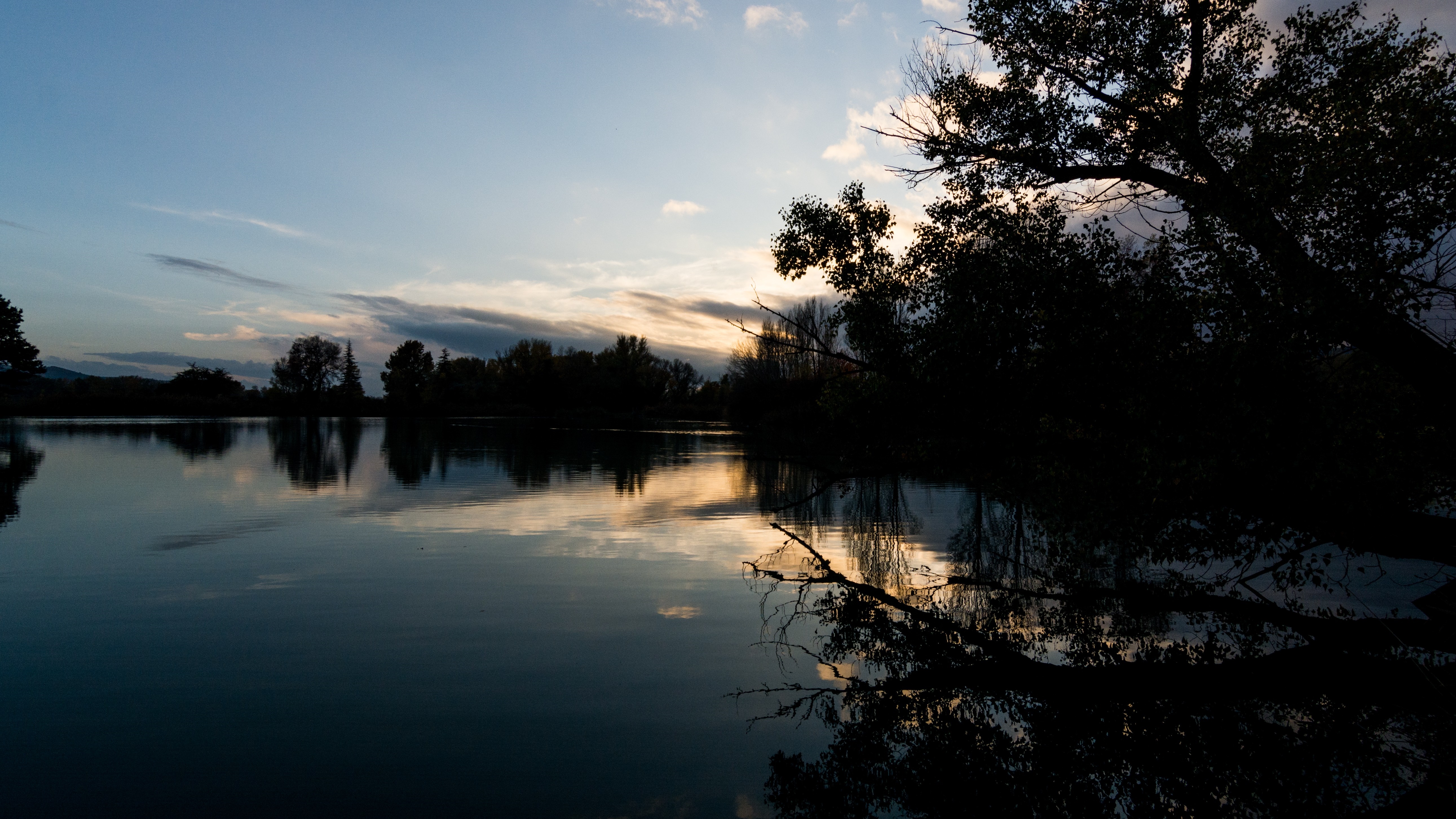 Sunset over a calm lake with silhouetted trees HD Wallpaper