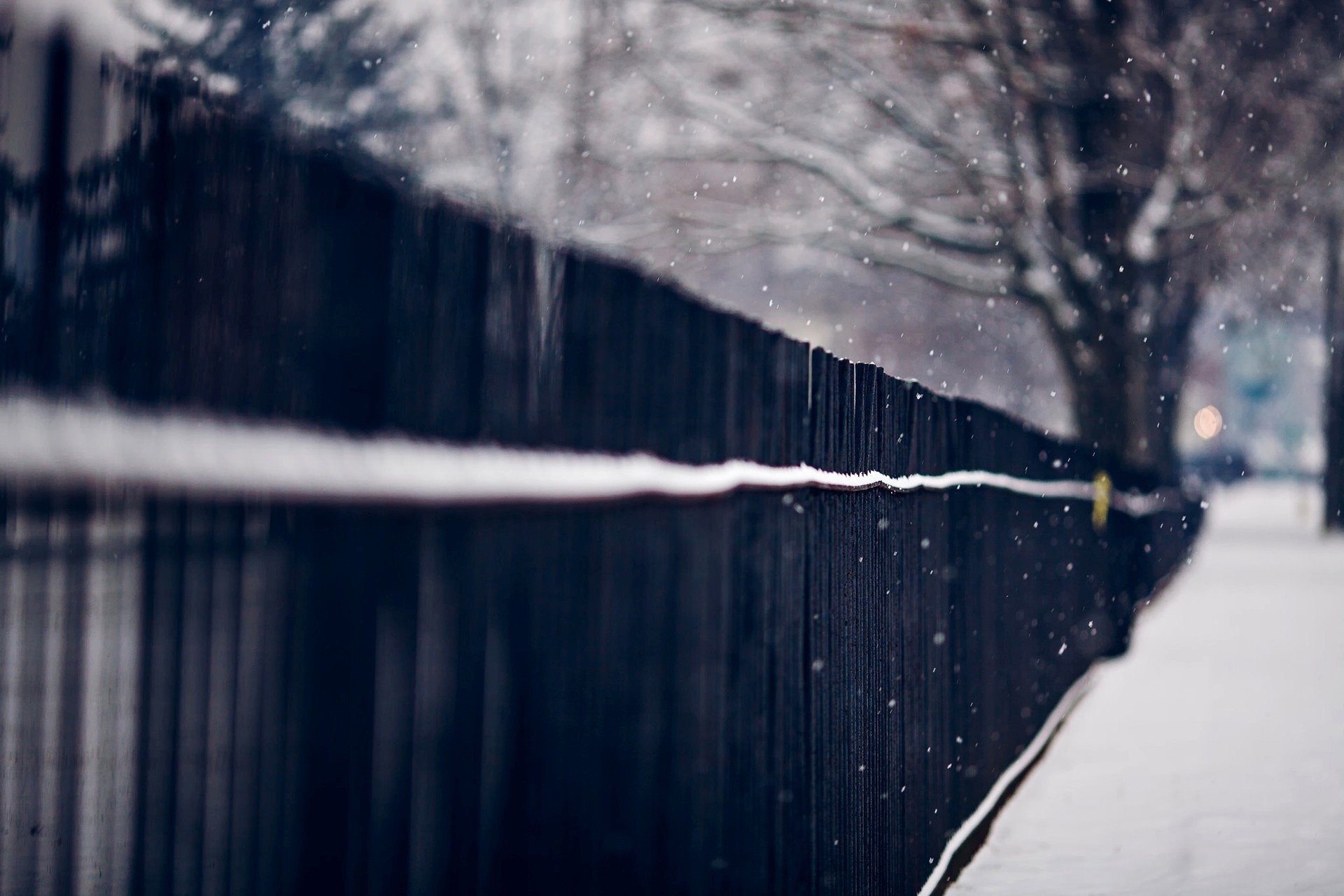 Snow falling on a dark fence along a snowy path HD Wallpaper