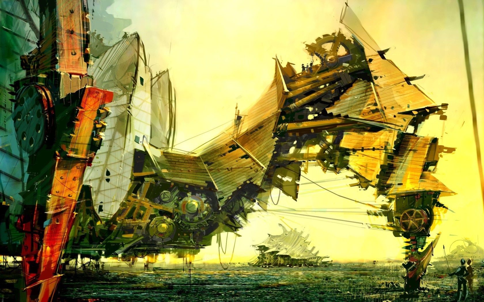 Steampunk mechanical ship in a desolate landscape HD Wallpaper