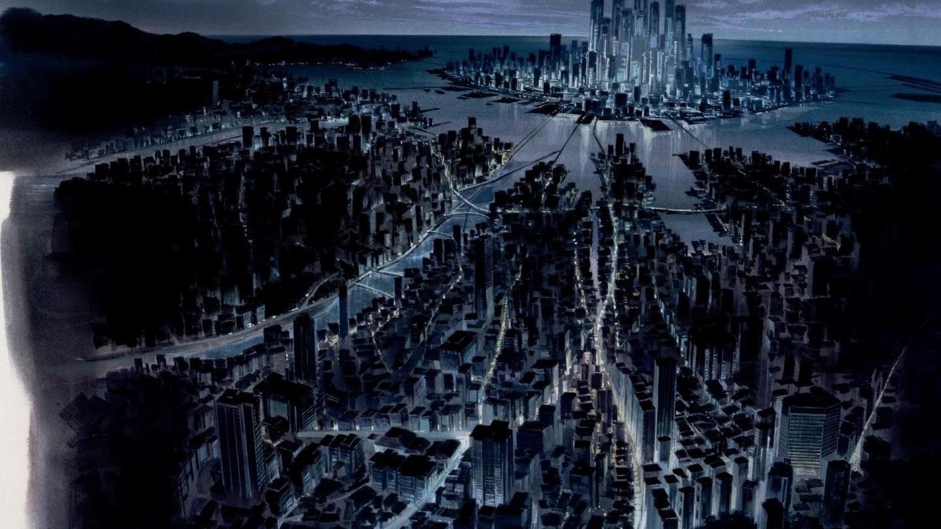 Anime cityscape at night with futuristic buildings HD Wallpaper