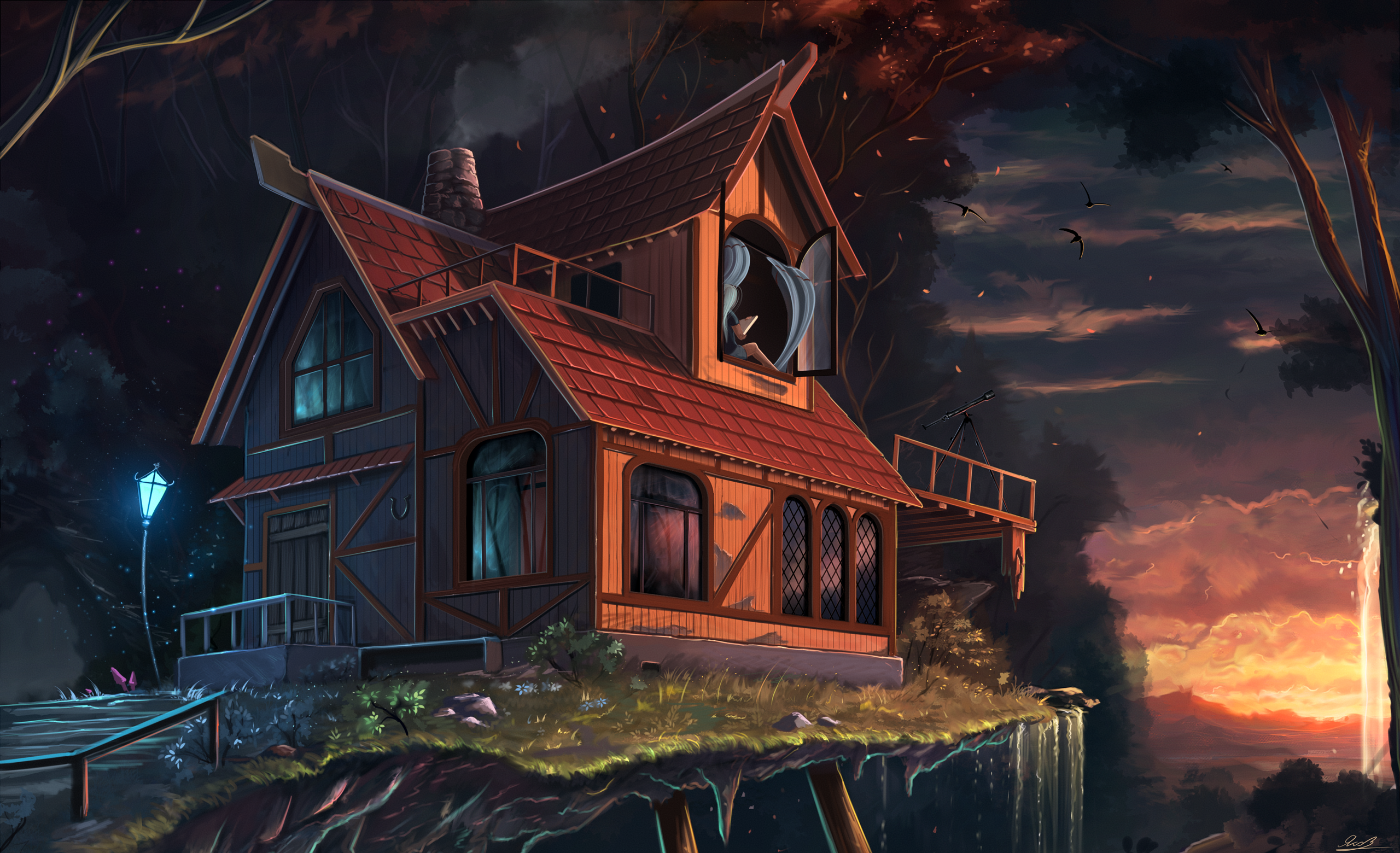 Fantasy house on a cliff at sunset HD Wallpaper