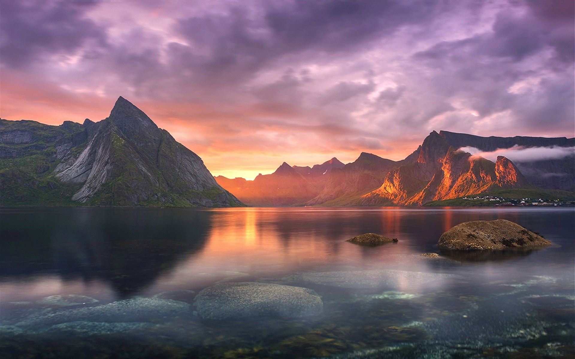 Sunset over mountains and sea in Lofoten HD Wallpaper
