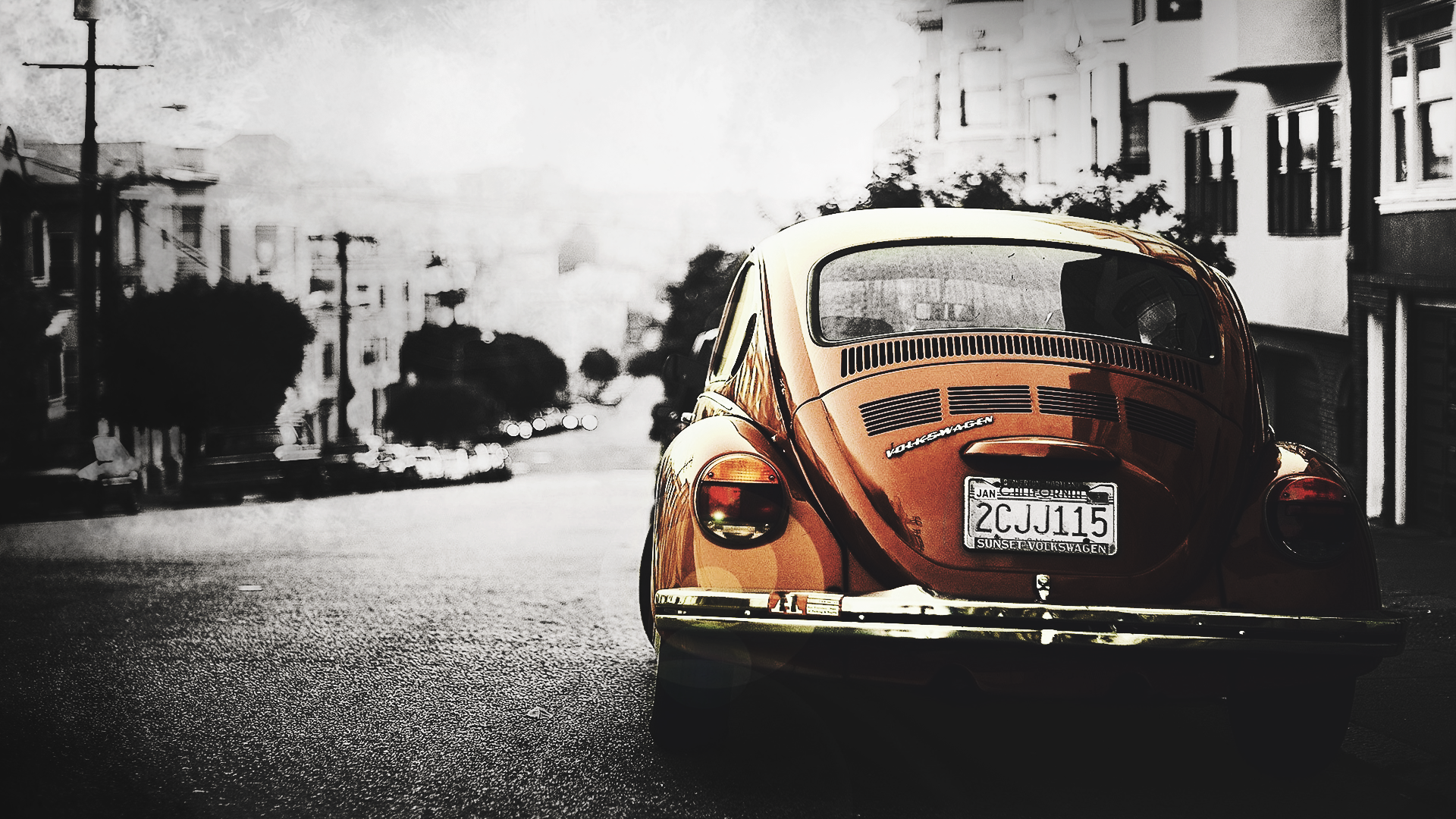 Orange Volkswagen Beetle on a City Street HD Wallpaper