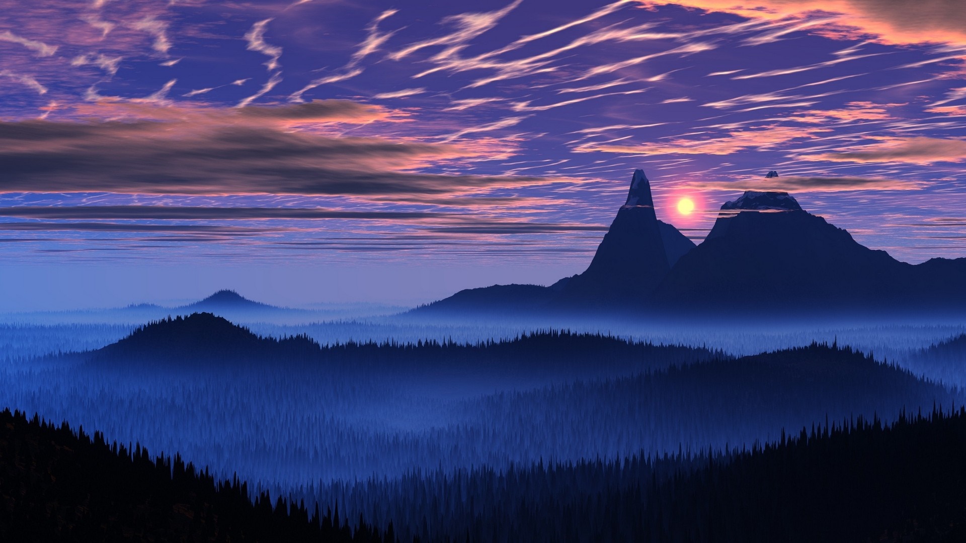 Misty Mountain Sunset Over Forest Valley HD Wallpaper