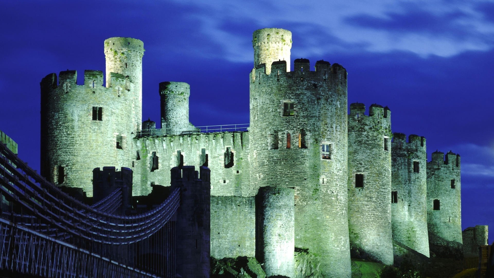 Conwy Castle at night with suspension bridge, Wales HD Wallpaper