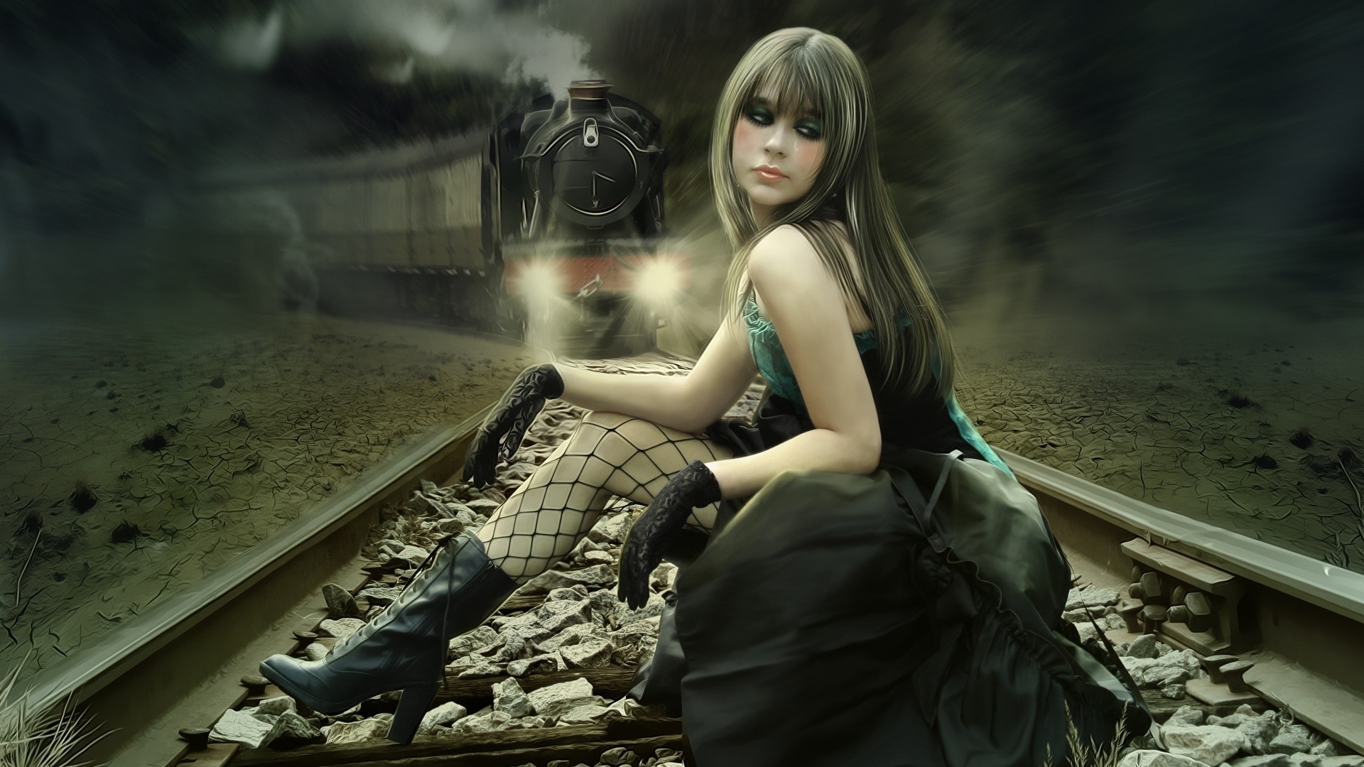 Woman sitting on train tracks with a train approaching HD Wallpaper