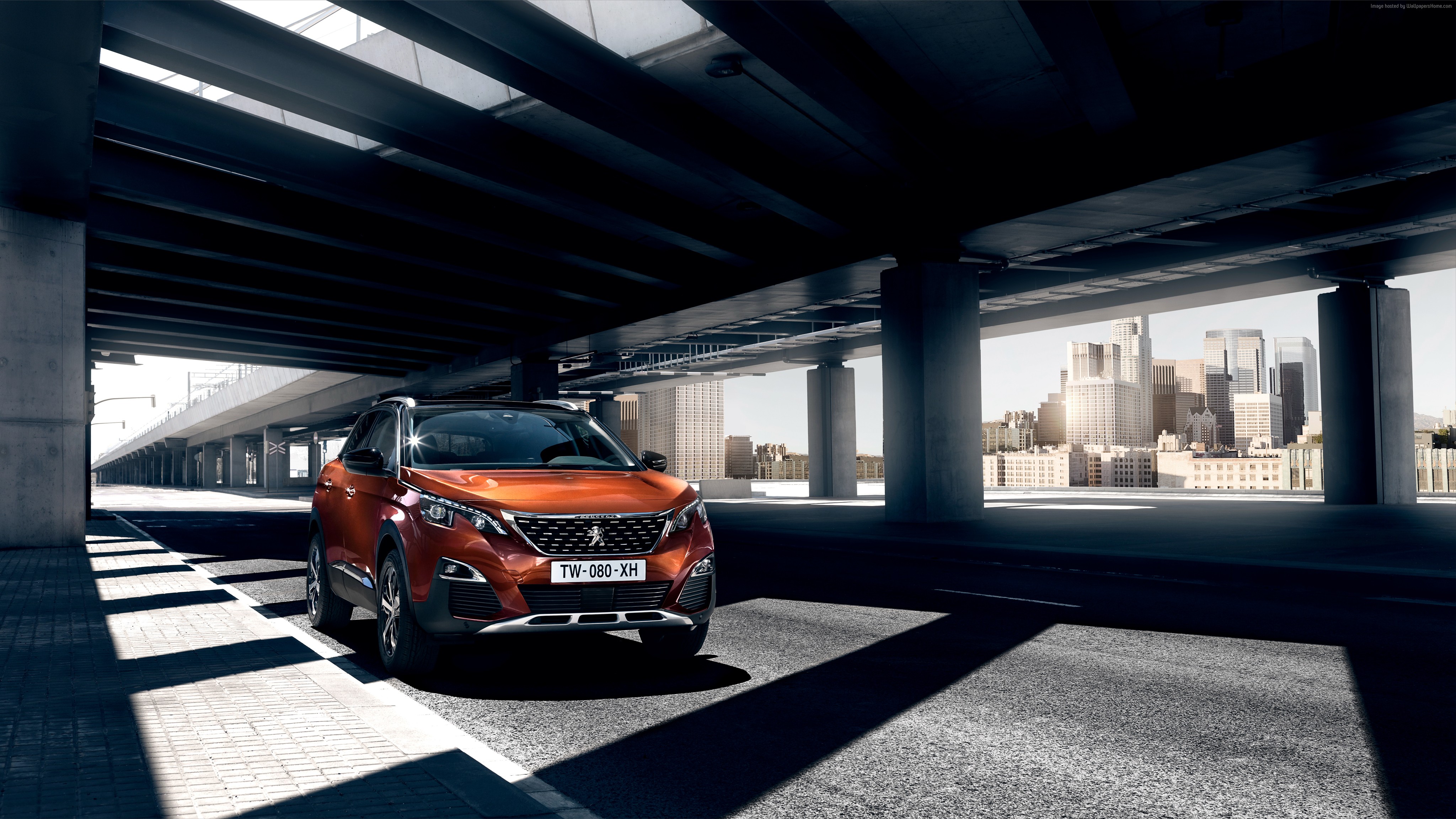 Orange Peugeot 3008 Crossover under a bridge HD Wallpaper