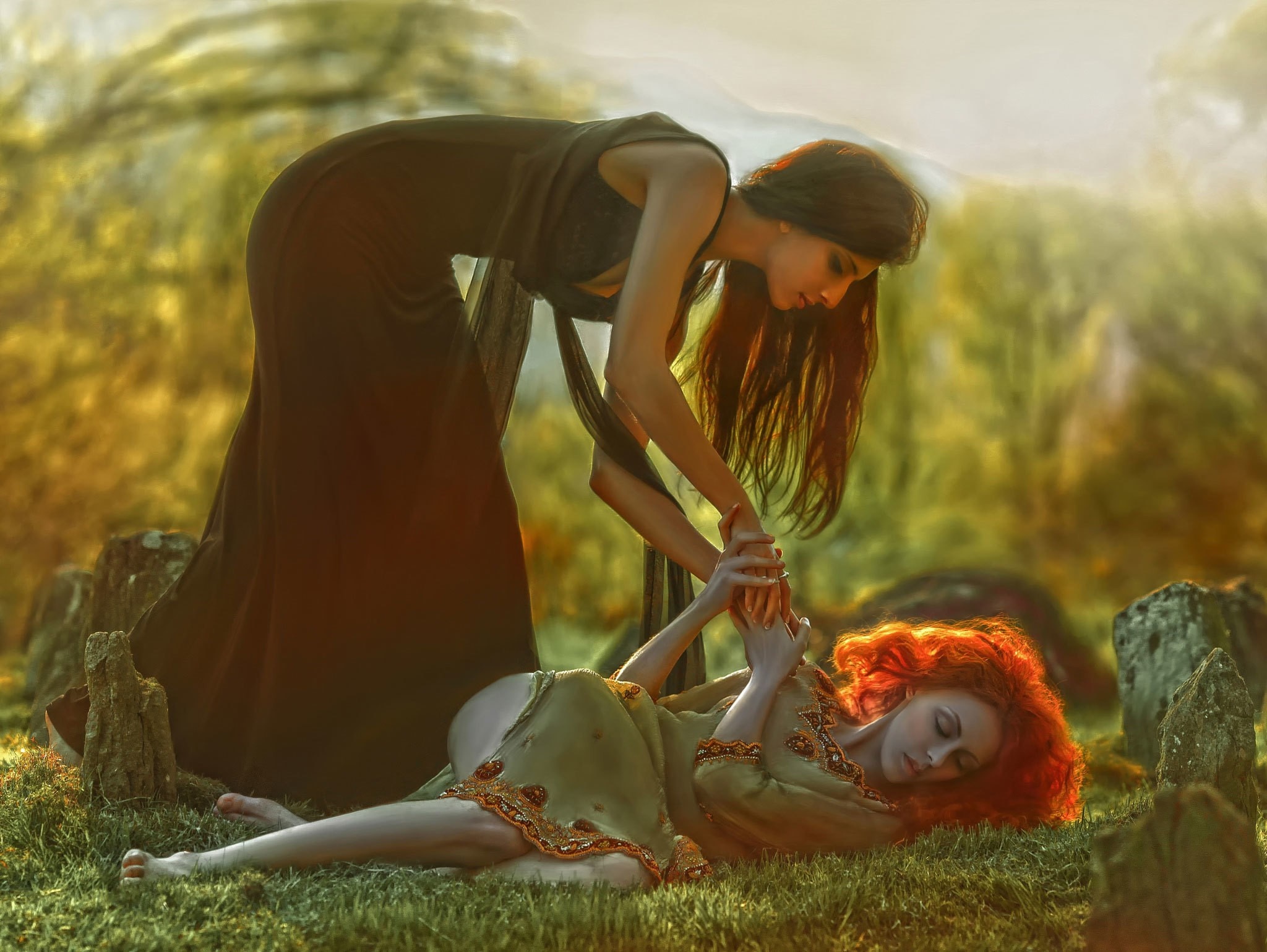 Two women in a fantasy landscape HD Wallpaper