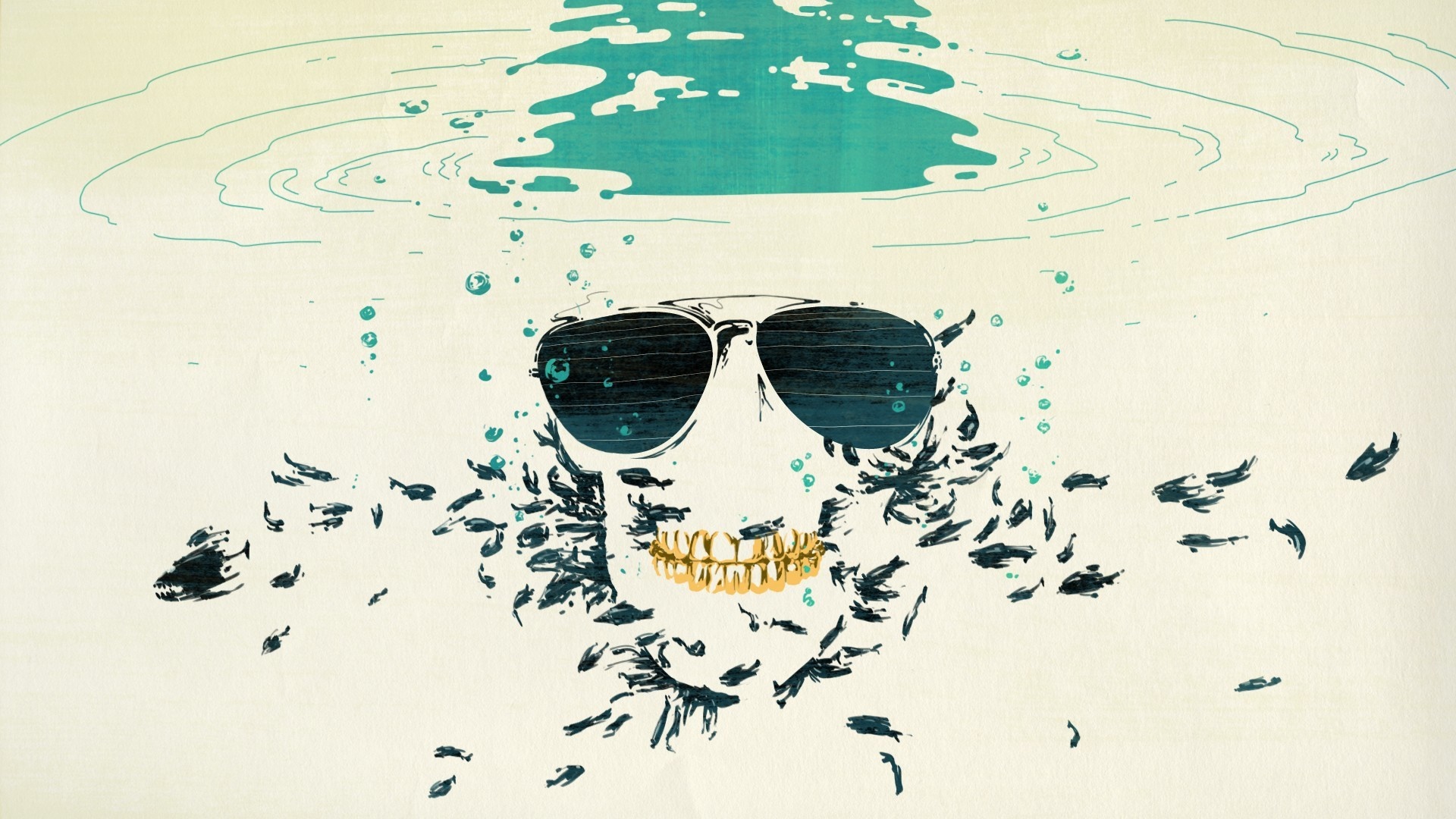 Skull with sunglasses and gold teeth surrounded by fish HD Wallpaper