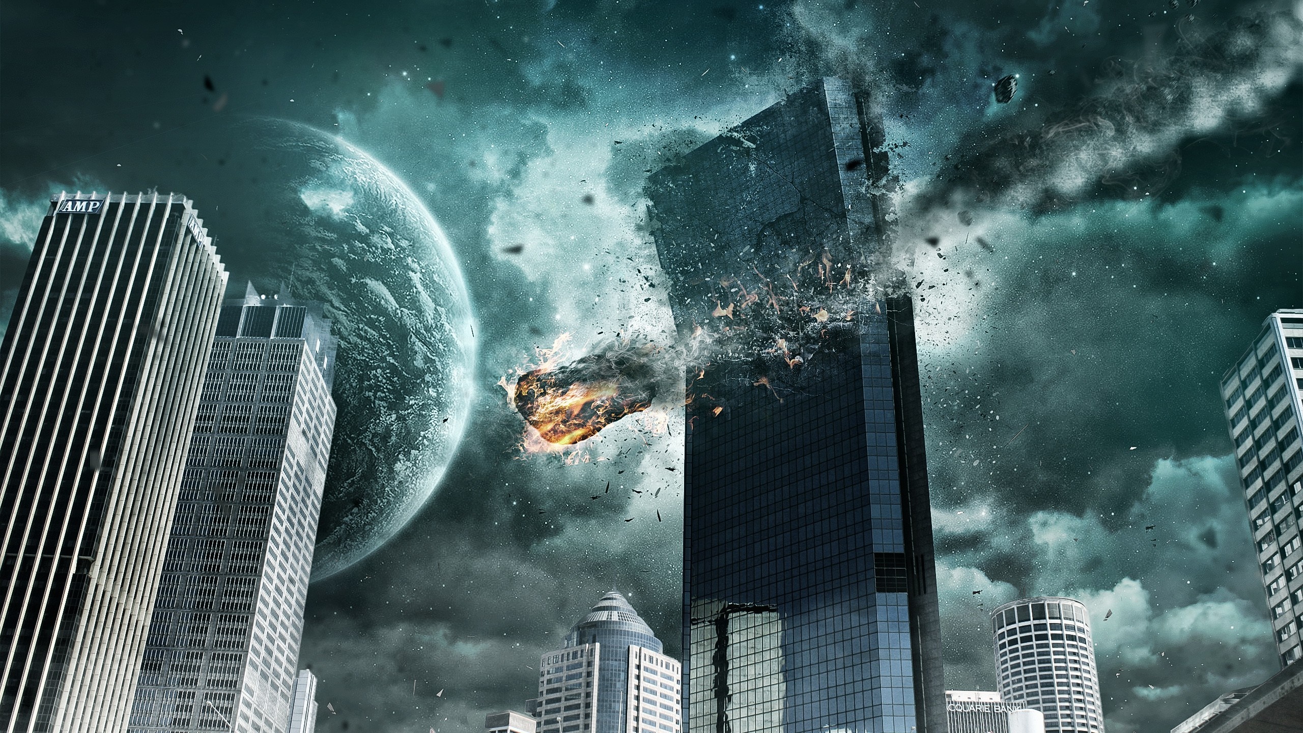 Cityscape with planet and meteor impact HD Wallpaper
