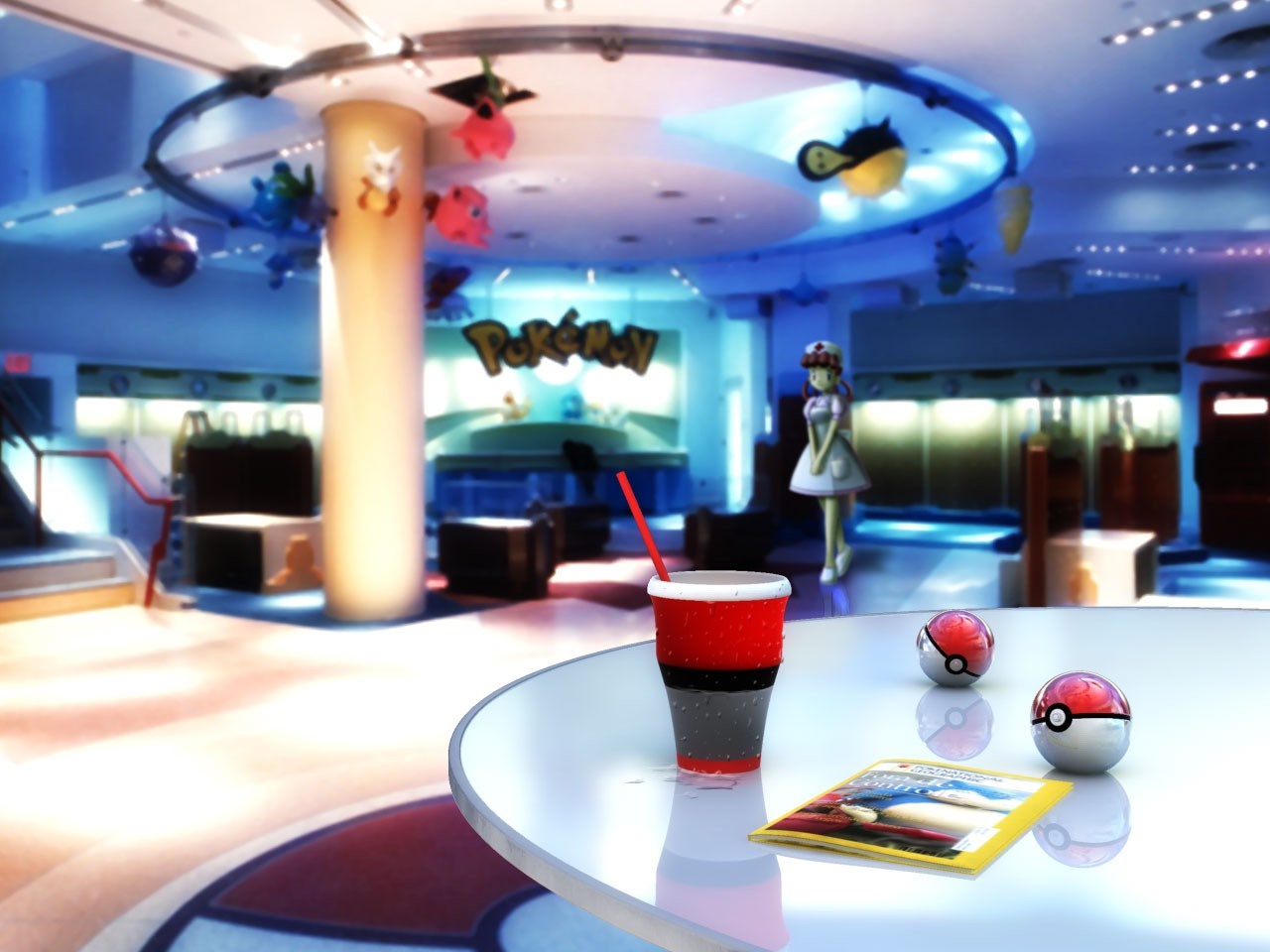 Pokemon themed restaurant with a drink and pokeballs HD Wallpaper