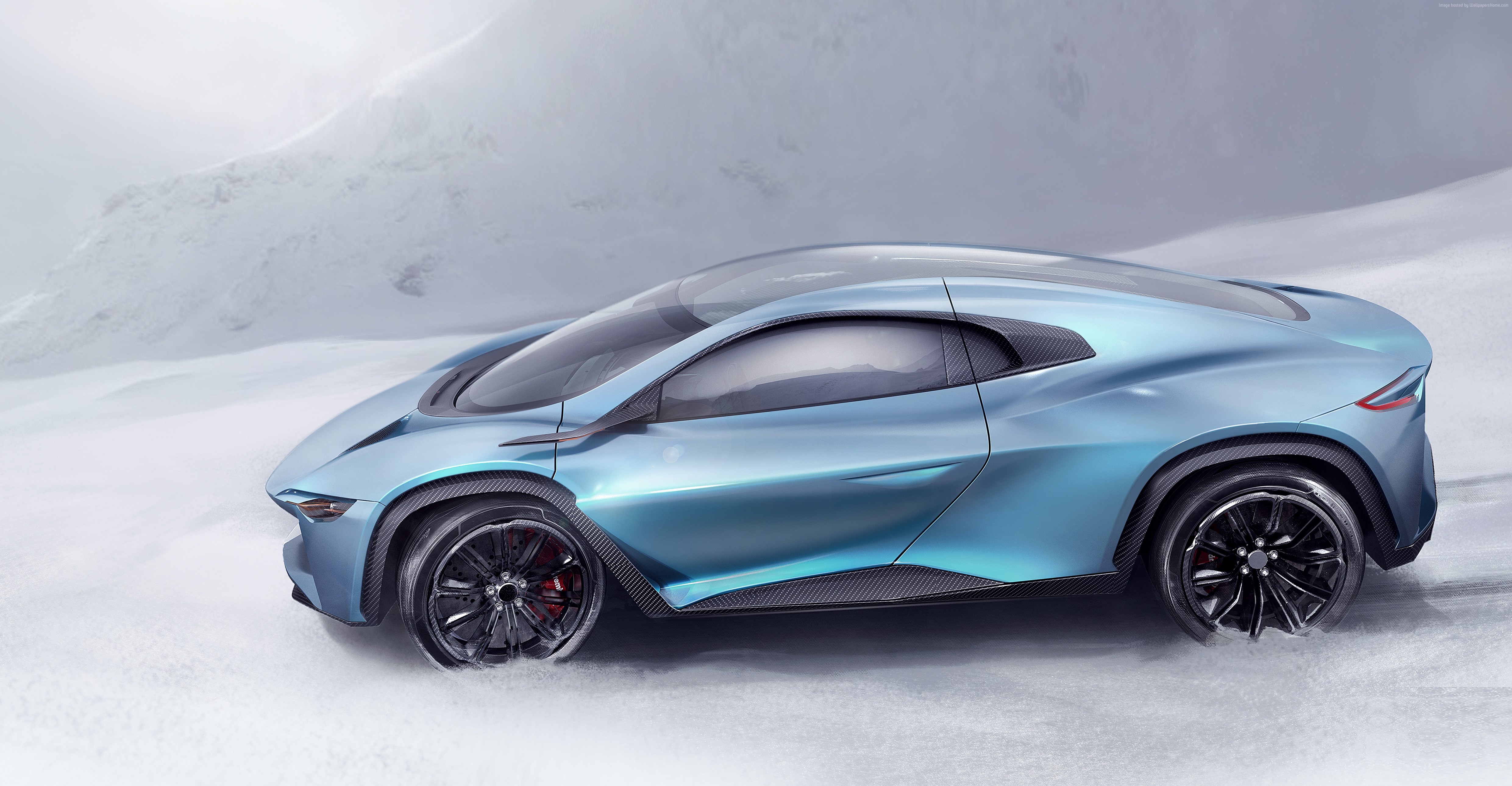 Blue supercar in a snowy landscape HD Wallpaper
