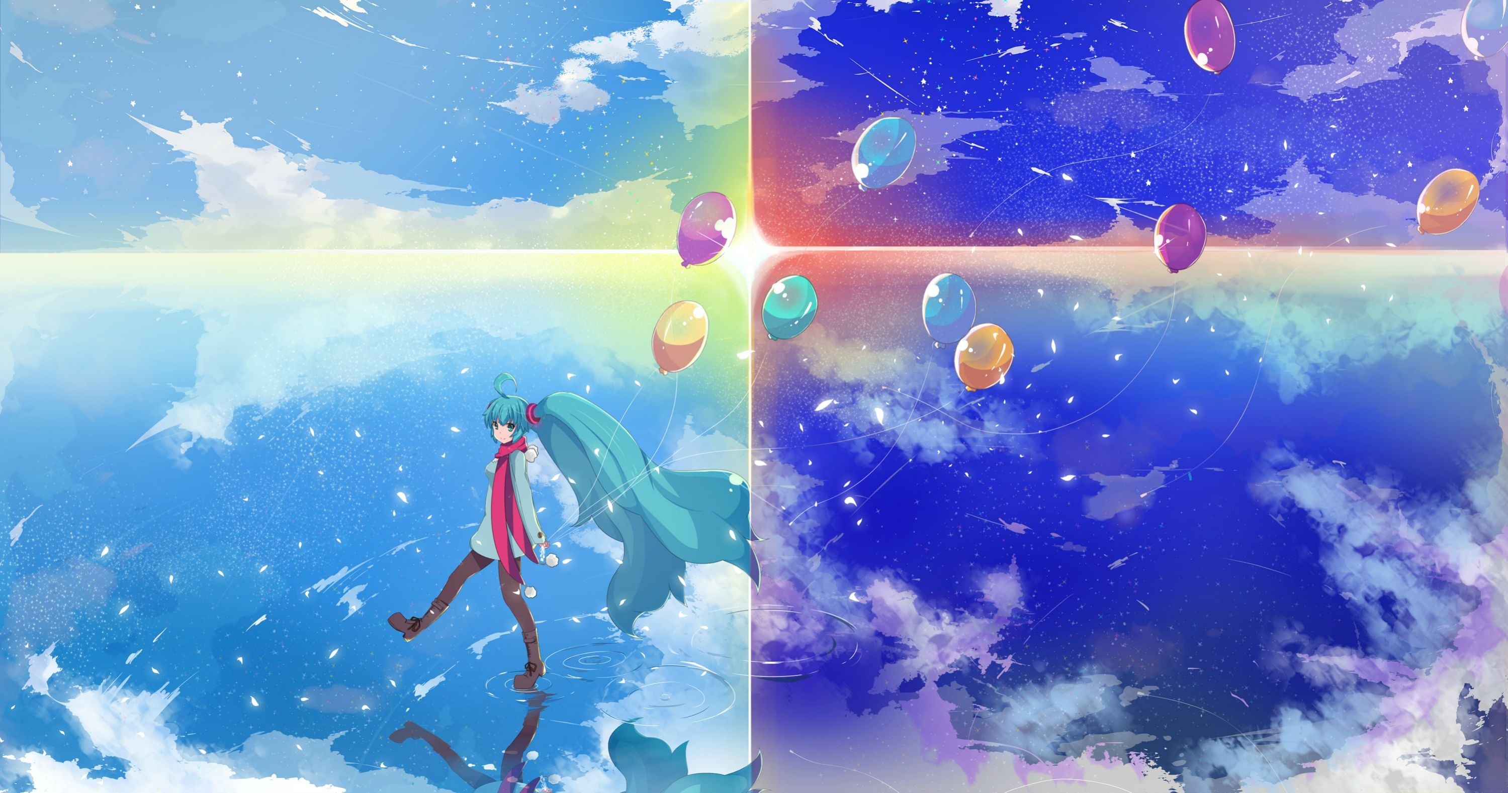 Hatsune Miku walking on water with balloons HD Wallpaper