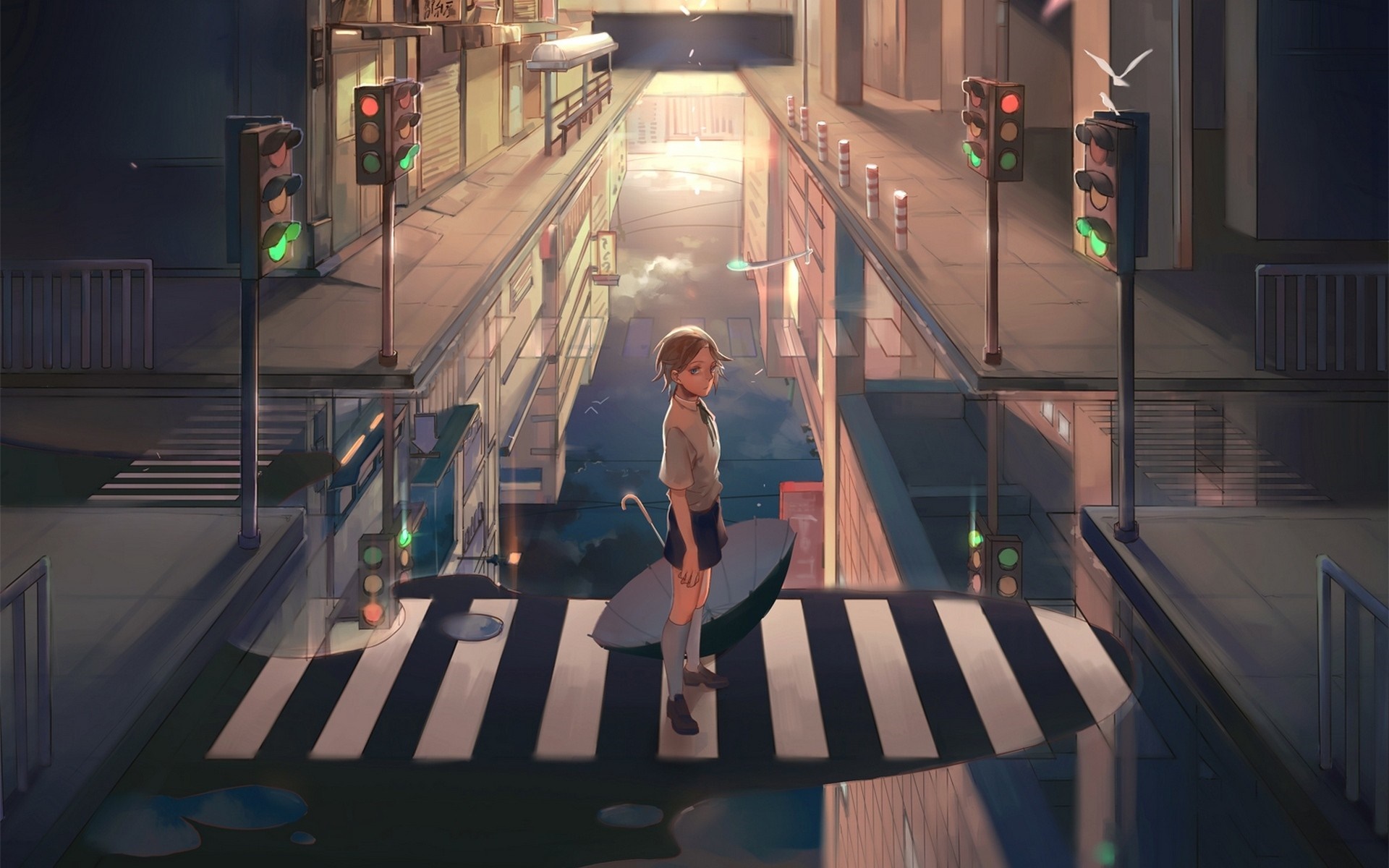 Anime girl with umbrella on crosswalk at sunset HD Wallpaper