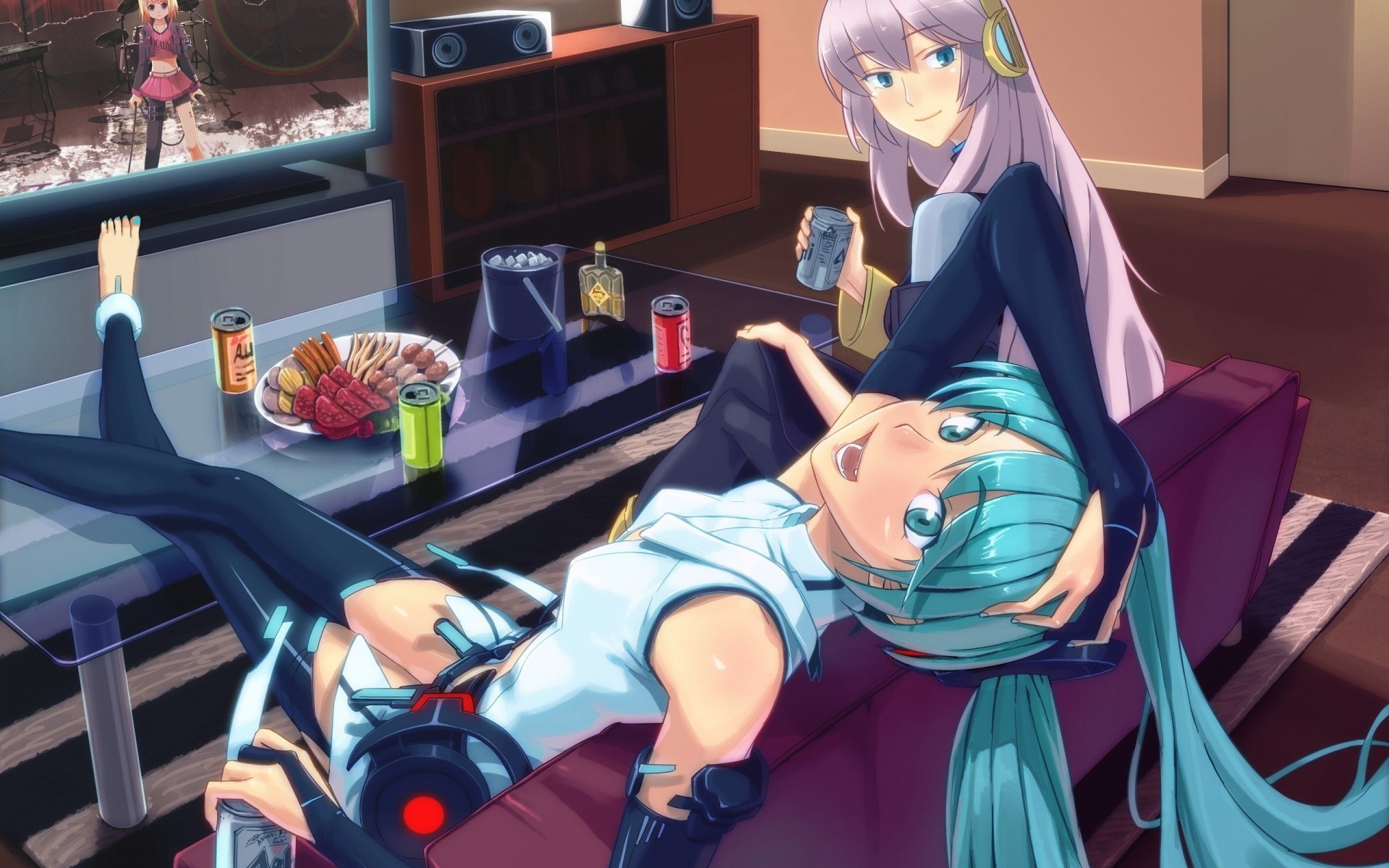 Hatsune Miku and Megurine Luka from Vocaloid watching TV HD Wallpaper