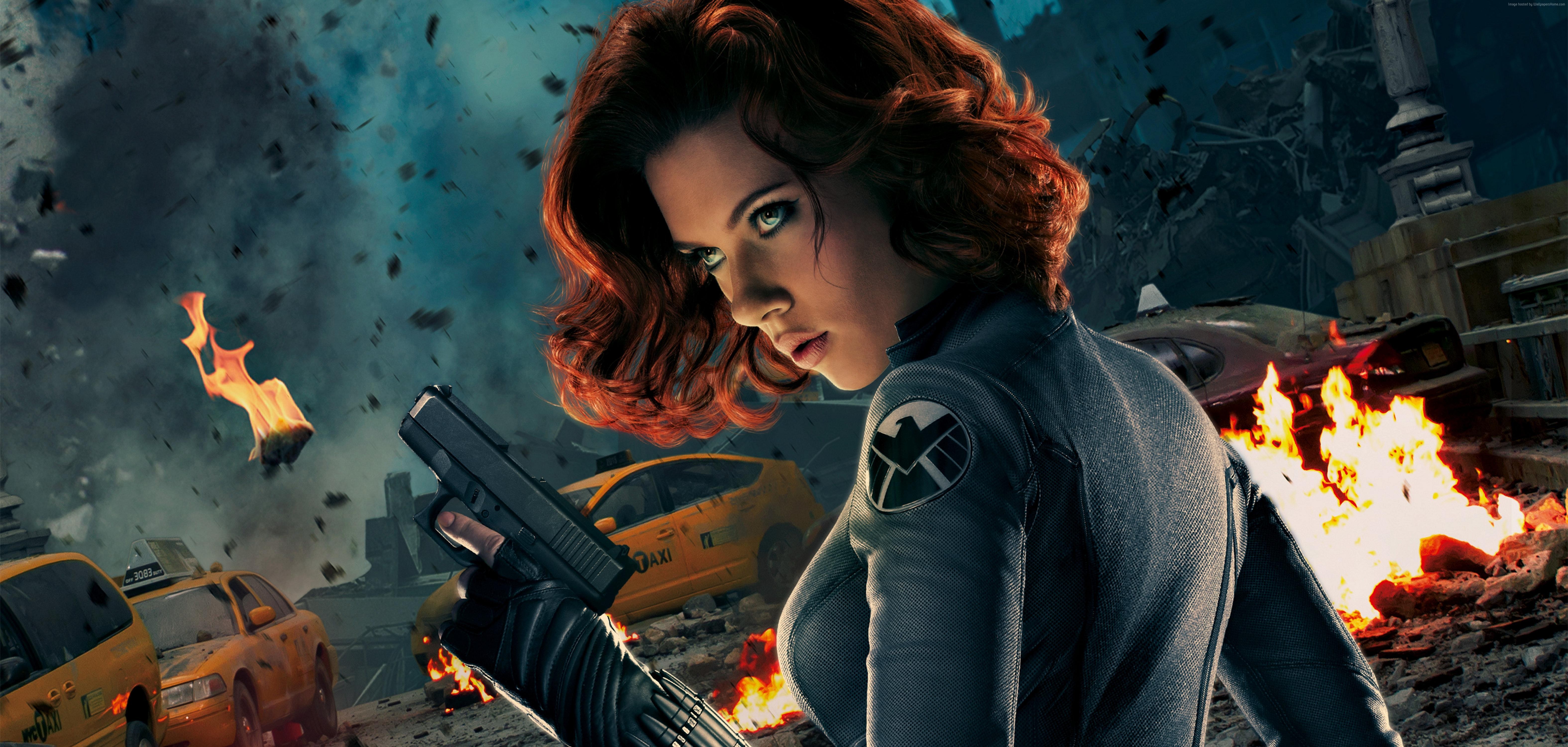 Black Widow from Marvel in a chaotic scene HD Wallpaper