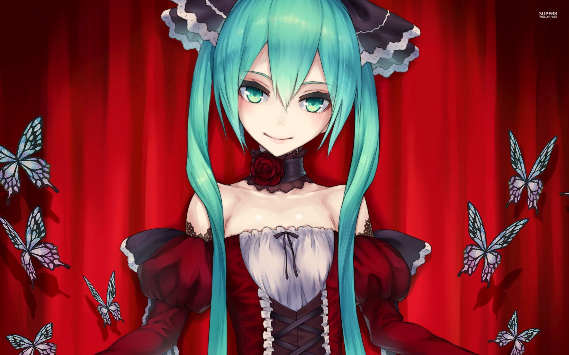 Hatsune Miku in a Gothic Lolita Dress with Butterflies HD Wallpaper