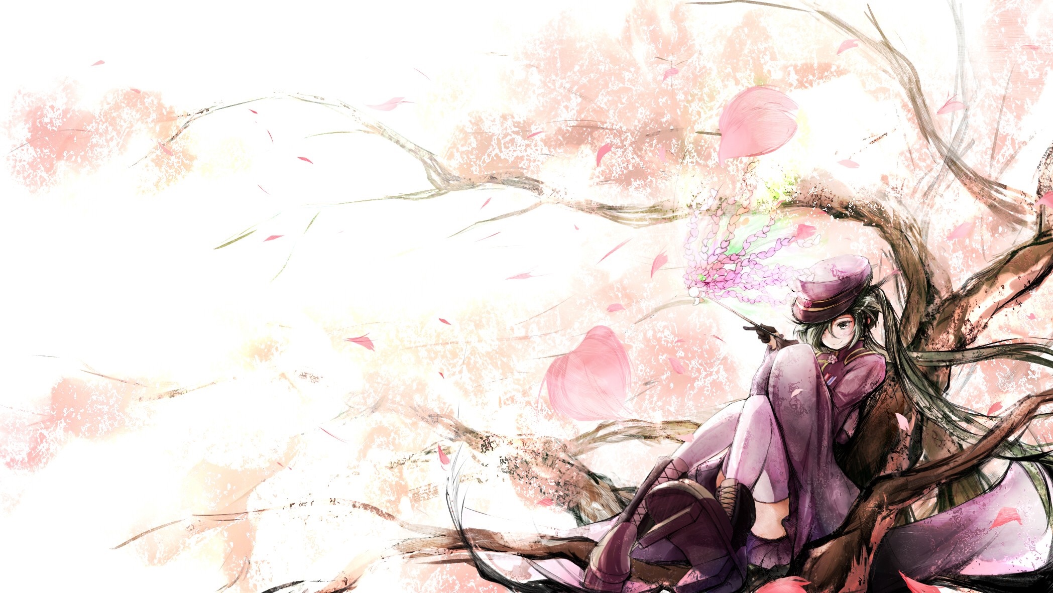 Anime girl in purple sitting on a tree with cherry blossoms HD Wallpaper